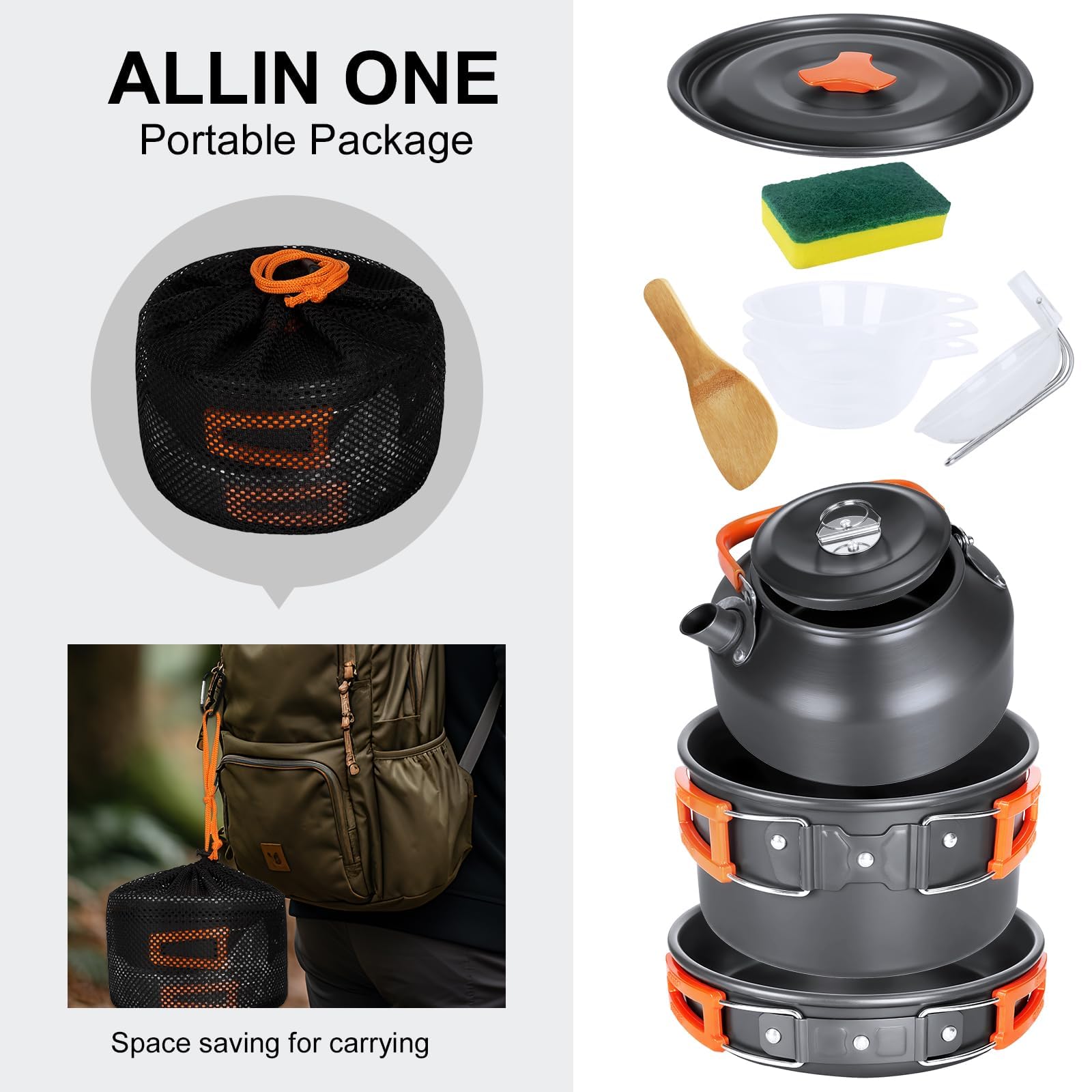 USHOP 15 Pcs Kit de Utensilios Cocina Camping,Vajilla de Camping de Aluminio,Cocina Portátil Juego de Utensilios de Cocina para Pícnic Al Aire Libre Senderismo Acampada Viajes Montañismo, 2-3 Personen