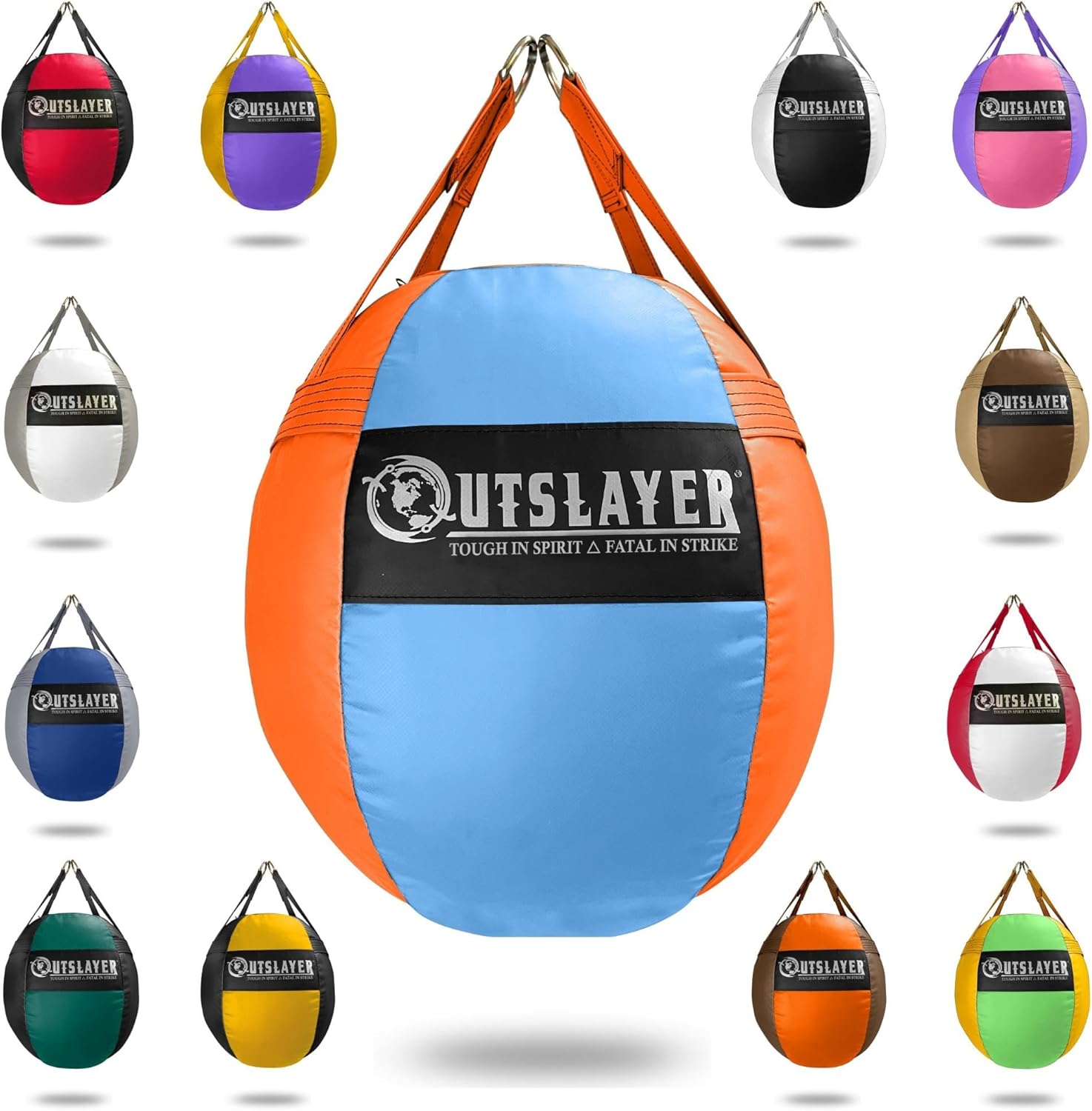 OutSlayer Wrecking Ball Heavy Bag 70 Lb - Boxing, MMA, Muay Thai Training - Custom Colors - Unfilled/Soft/Filled - USA Made (Light Blue/Orange, Soft Filled)