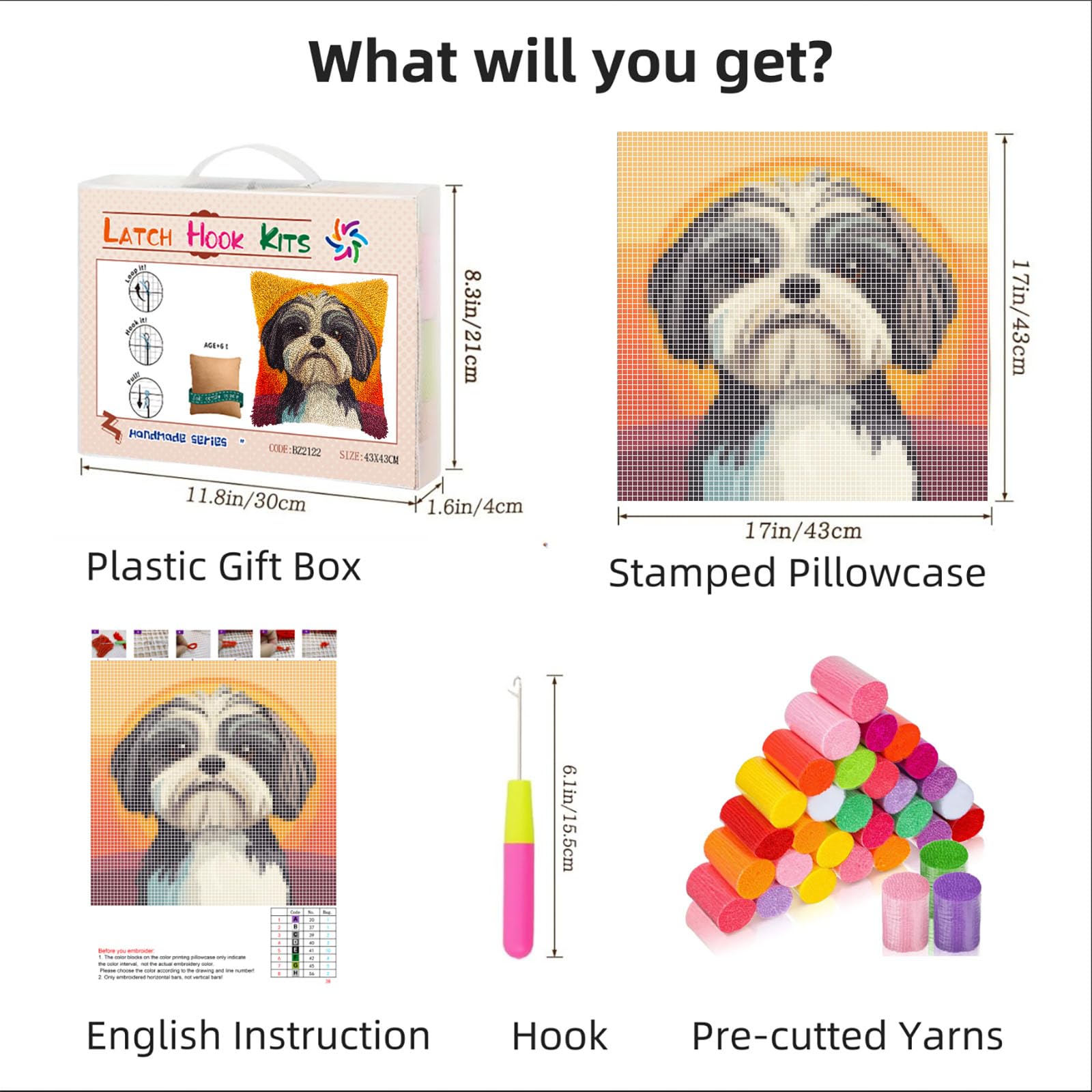 DIY Latch Hook Pillow Kits for Adults Cute Cartoon Shih Tzu Dog Printed Pillowcase Crochet Yarns Hooking Handmade Pillow Cover Cushion for Home Sofa Decoration 17x17inch-11