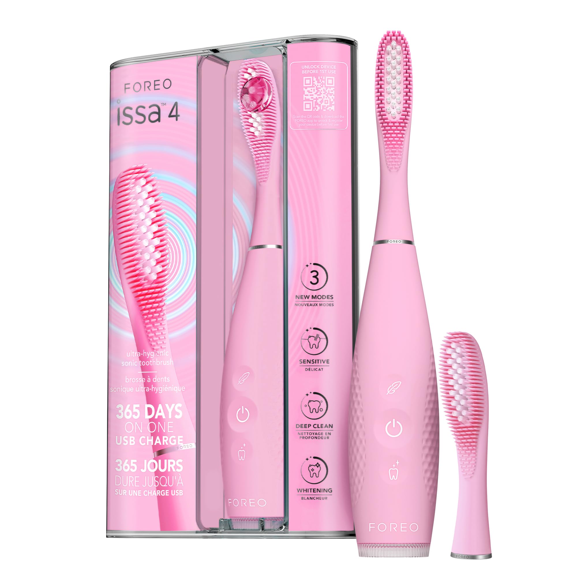 FOREO ISSA 4 Electric Toothbrush – 4-in-1 Rechargeable with Extra Brush Head, Soft Bristles, Long-Lasting Use, Gentle Cleaning - Pearl Pink