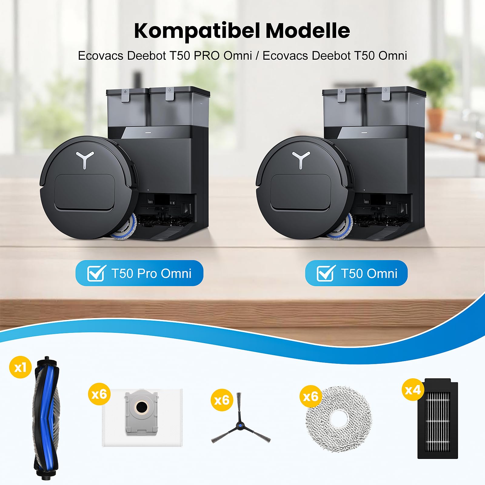 24 Stück Zubehör für Ecovacs Deebot T50 Pro Omni Gen2 / T50 PRO Omni / T50 Omni Saugroboter, Ersatzteile mit 1 Hauptbürste, 6 Wischtücher, 6 Staubbeutel, 4 Filter, 6 Seitenbürsten, 1 Reinigungsbürste - 3