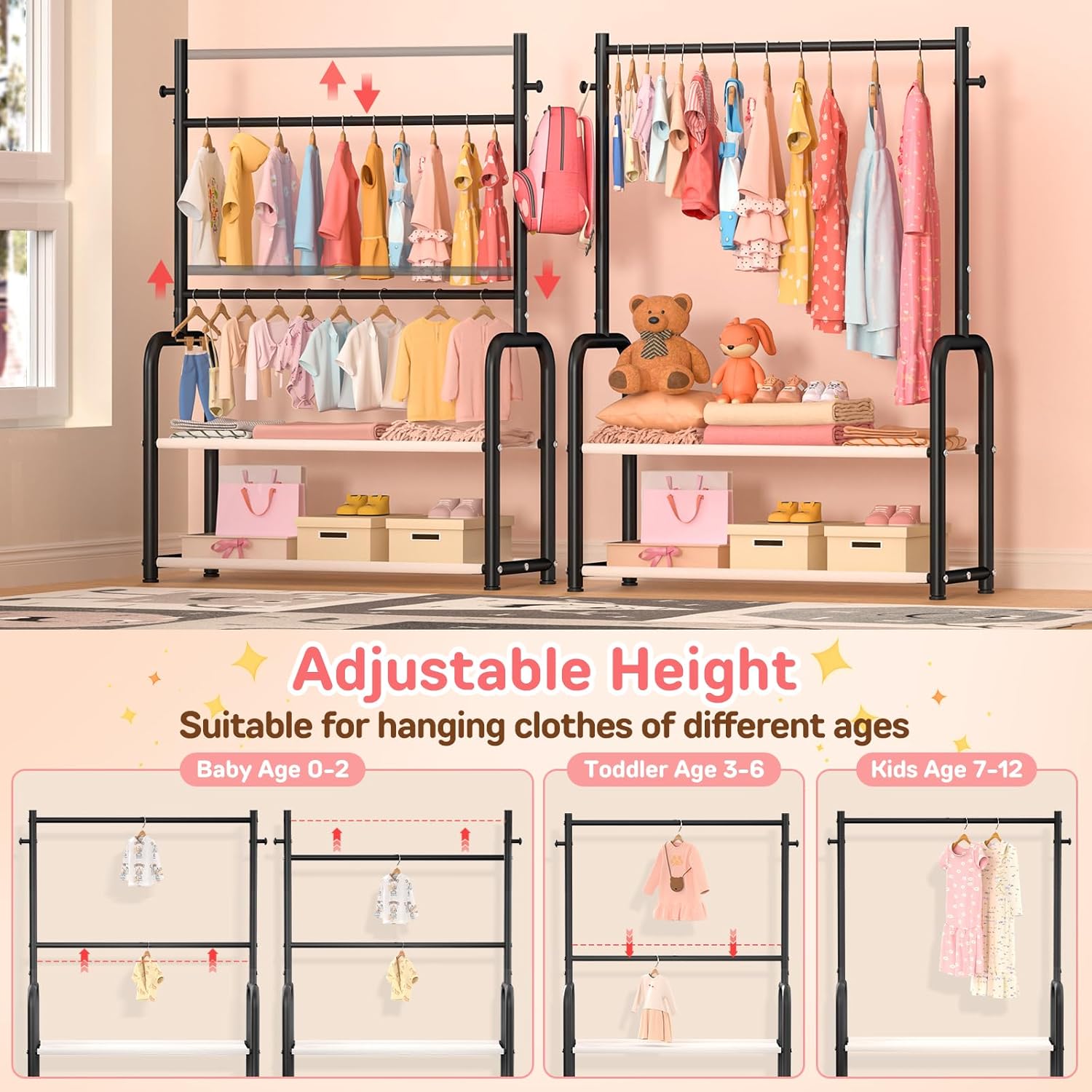 Kids Clothing Rack with 2-Layer Storage Shelf and 2 Adjustable Hanging Rods,Dress Up Rack for Hanging Clothes,Dress up Storage for Baby Toddle Kids(Classic, Black)