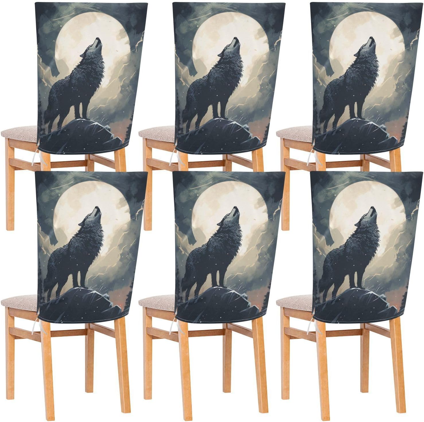 ALAZA Wolf Landscape Night Sky Chair Back Cover Set of 6, Washable Reusable Removable Chair Slipcovers Decorative Chair Cover for Home Kitchen Wedding Party