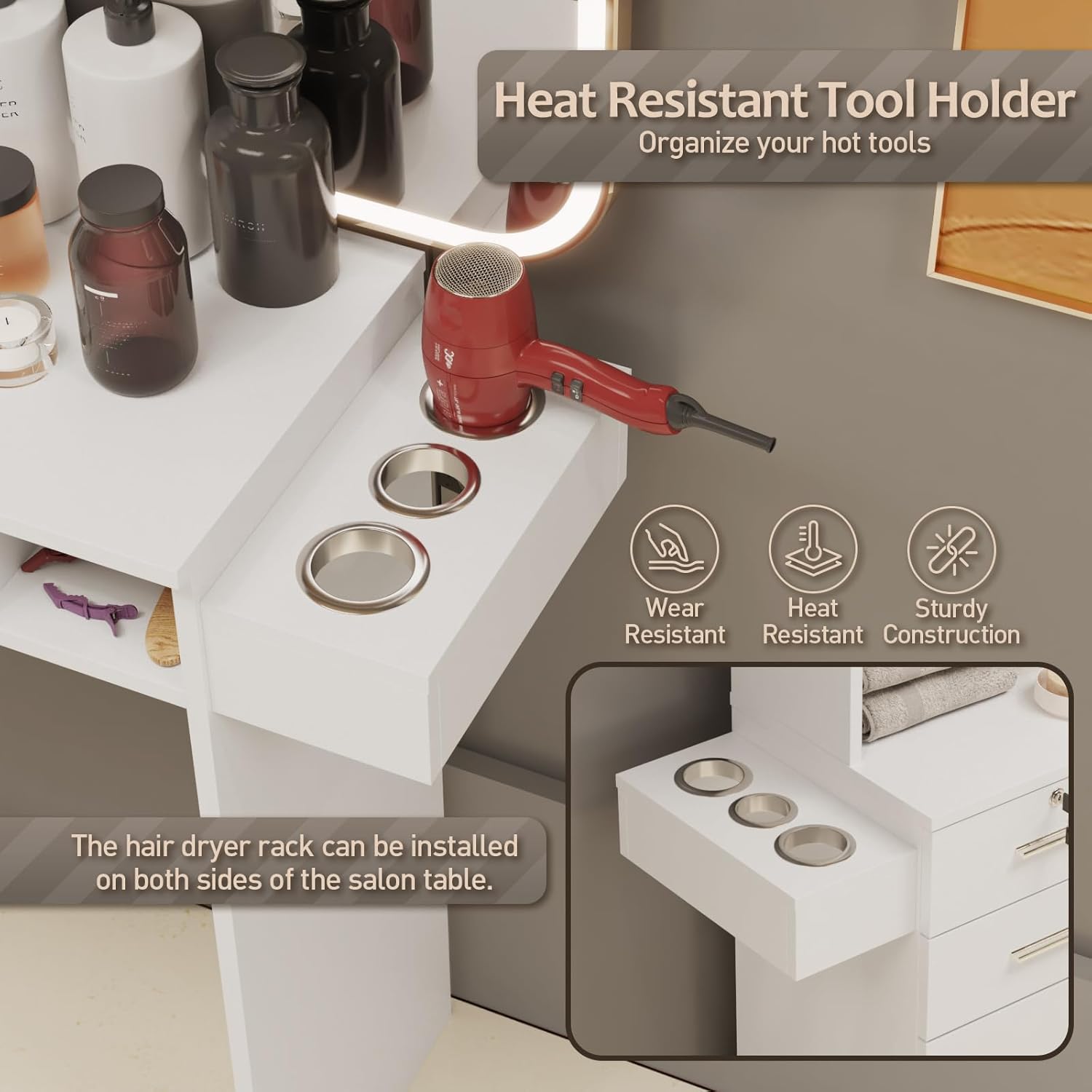 Barber Salon Station for Hair Styling, Wall Mount Salon Equipment with Hair Dryer Holder，Drawers, Storage Cabinet & Open Shelves, White Beauty Spa Furniture (Not Include Mirror)