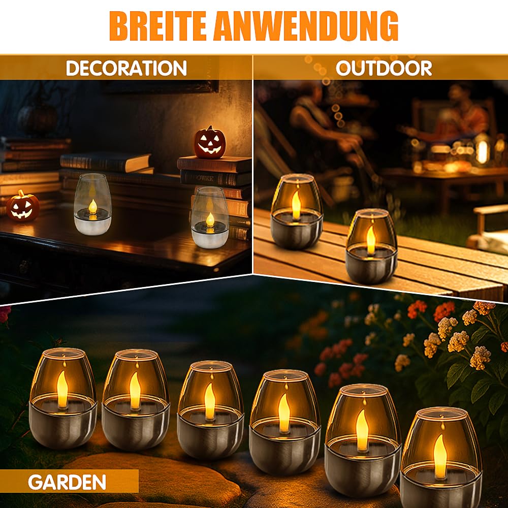 6 Piezas Velas Solares, Velas LED Solares Efecto Llama Recargables, Velas de té LED Solares para Exteriores, Luces Solares Velas Electricas para Decoración para Jardín, Camping, Terraza, Balcón