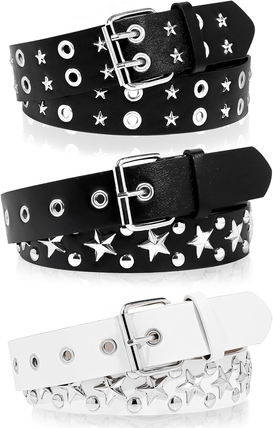 Black Studded Belt, 3 Pcs Y2K Belt Star Goth EMO Punk Rock Double Grommet with Bright Pyramid Studded for Women Men