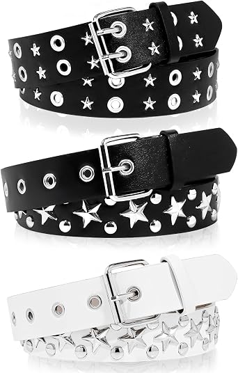 Black Studded Belt, 3 Pcs Y2K Belt Star Goth EMO Punk Rock Double Grommet with Bright Pyramid Studded for Women Men