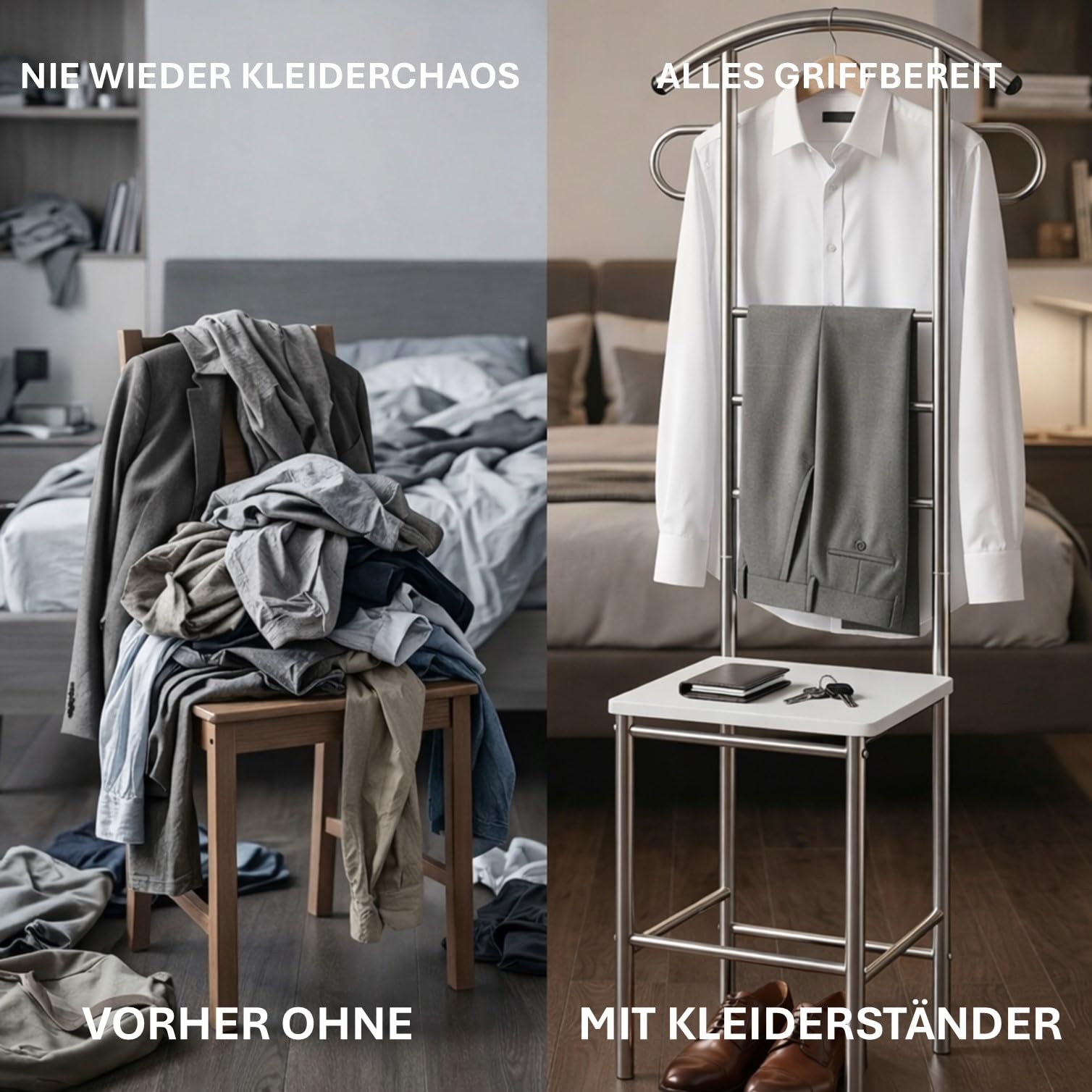 Herrendiener Metall Silber-Weiß [KNITTERFREIE ANZUG AUFBEWAHRUNG] inkl. Sitzfläche (33x29cm) & bis 100kg belastbar – moderner stummer Diener, Anzugständer & Kleiderbutler – platzsparend 120x52x40