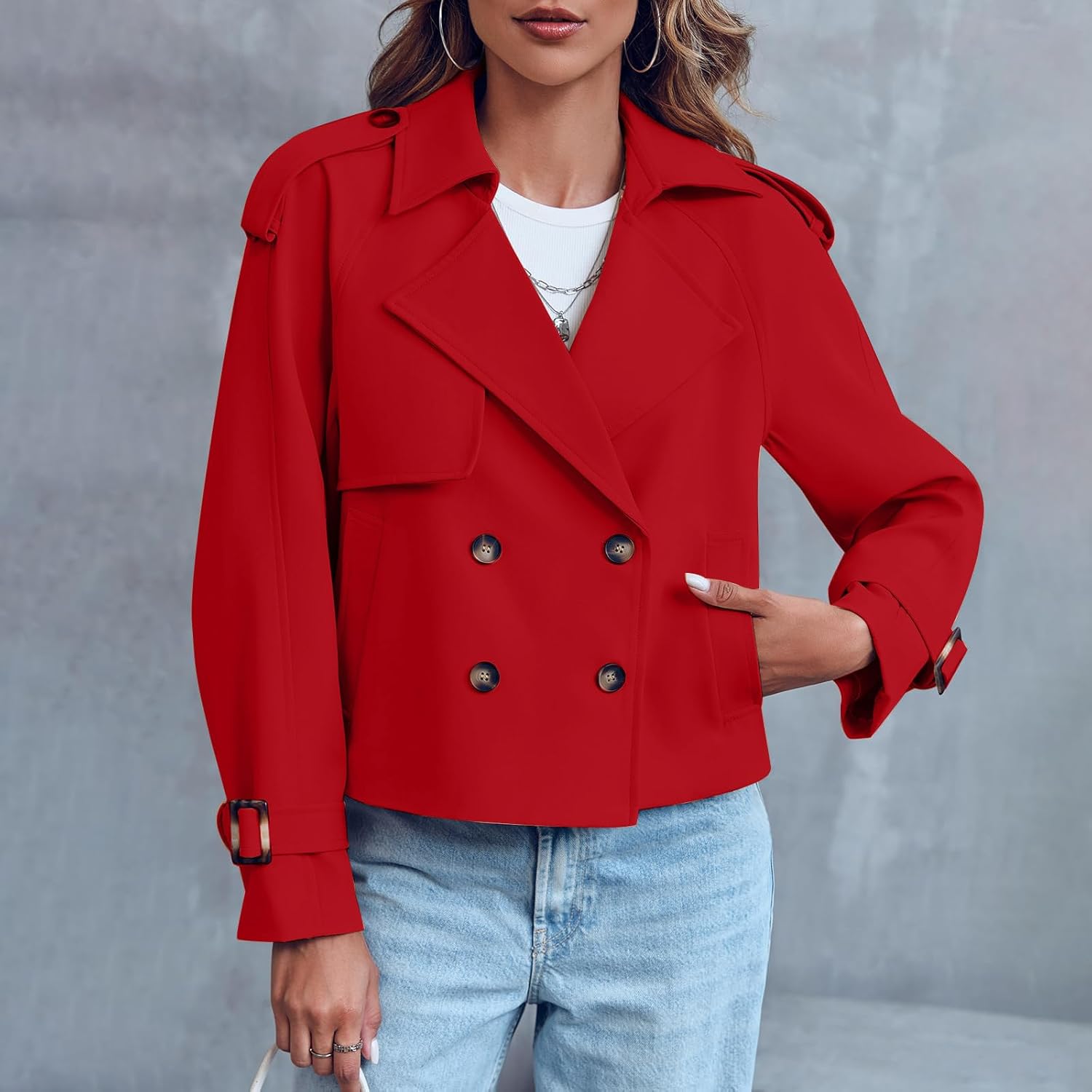 JOAU Women Cropped Double Breasted Trench Coat Long Sleeve Notched Lapel Work Office Business Jacket Outerwear with Pockets