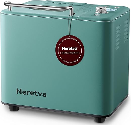Neretva Bread Maker 20-IN-1, Dual Heater 2LB Bread Machine Stainless Steel Bread Maker Machine Nonstick Ceramic Pan Compact for Gluten Free/Sourdough/Whole Wheat Bread/Yogurt, Breadmaker Recipe-Green