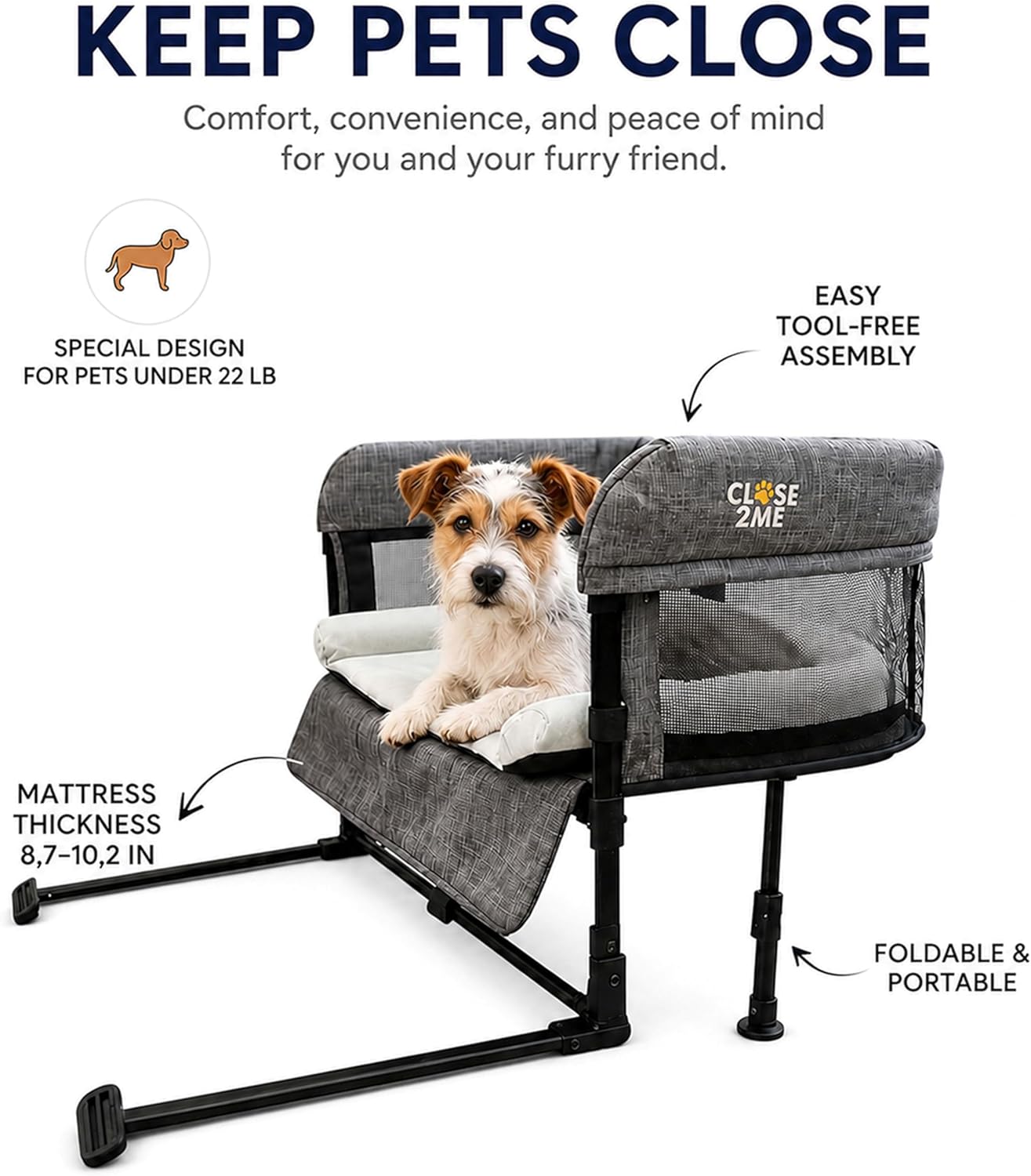  Close2Me Elevated Pet Bed - Bedside Mattress for Cats and Small Dogs - Comfortable, Cozy Design with Tool-Free Installation - Foldable for Easy Transport, Carry Bag Included thumbnail