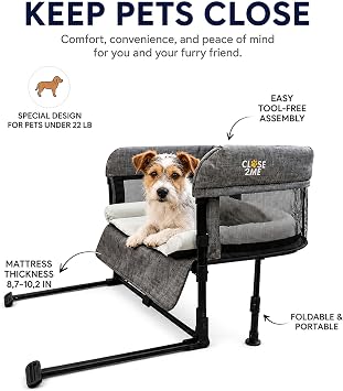 Englacha Close2Me Elevated Pet Bed - Bedside Mattress for Cats and Small Dogs - Comfortable, Cozy Design with Tool-Free Installation - Foldable for Easy Transport, Carry Bag Included