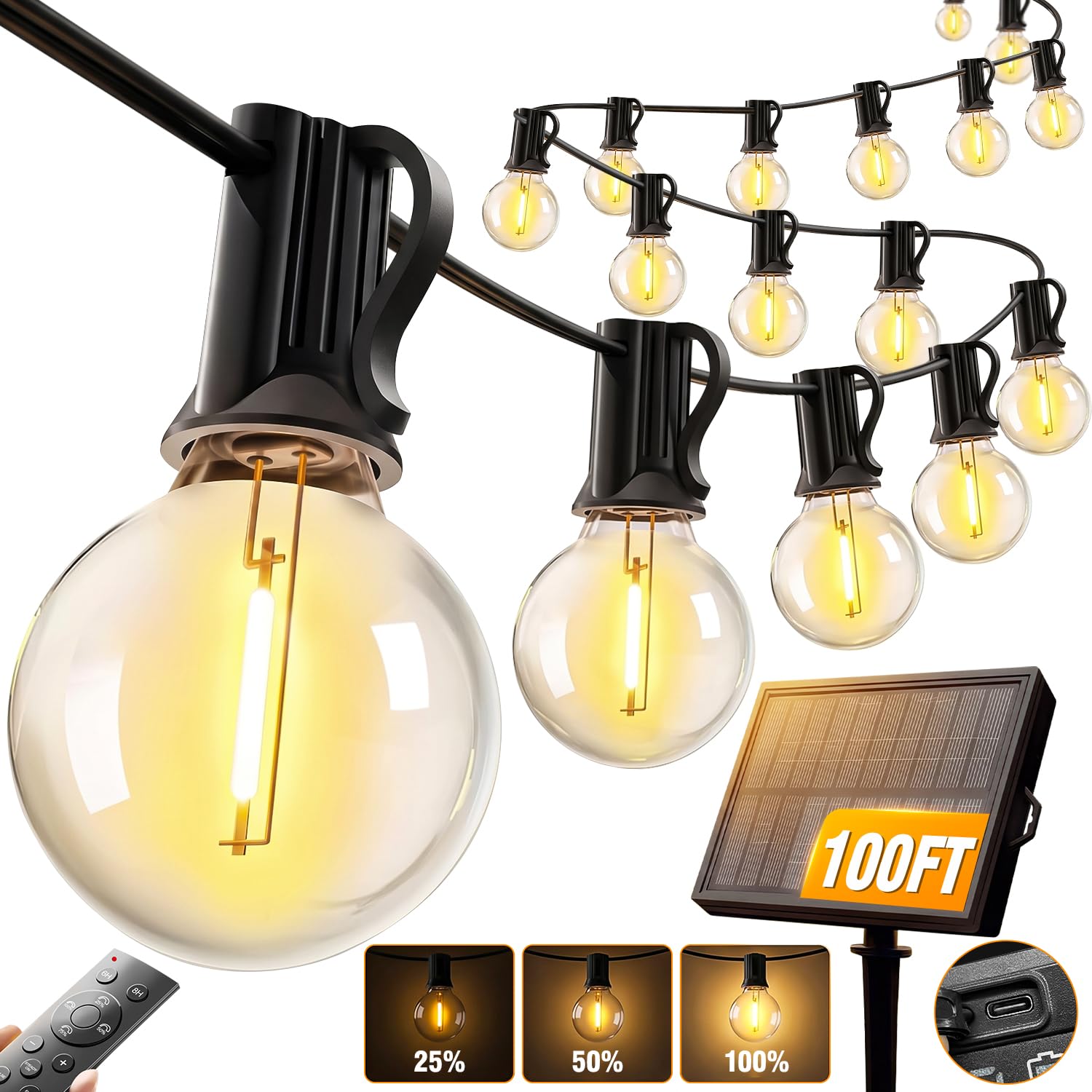 Nisocy 100FT Solar String Lights Outdoor, G40 Shatterproof Patio