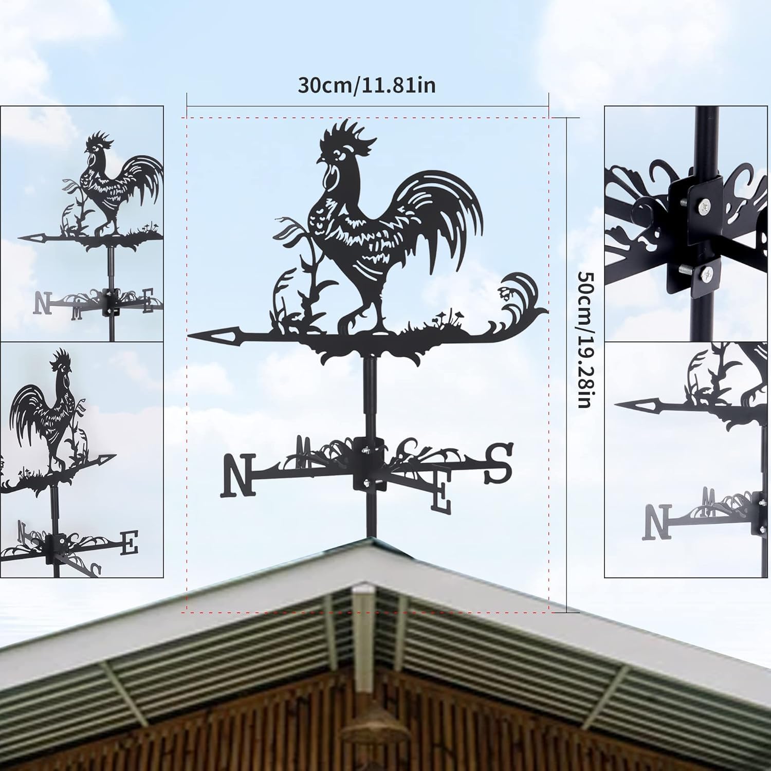 Segnavento In Acciaio Inox, Banderuola A Forma Di Gallo, Indicatore Di Direzione Del Vento Per Giardino, Cortile, Fattoria, Decorazione, Nero