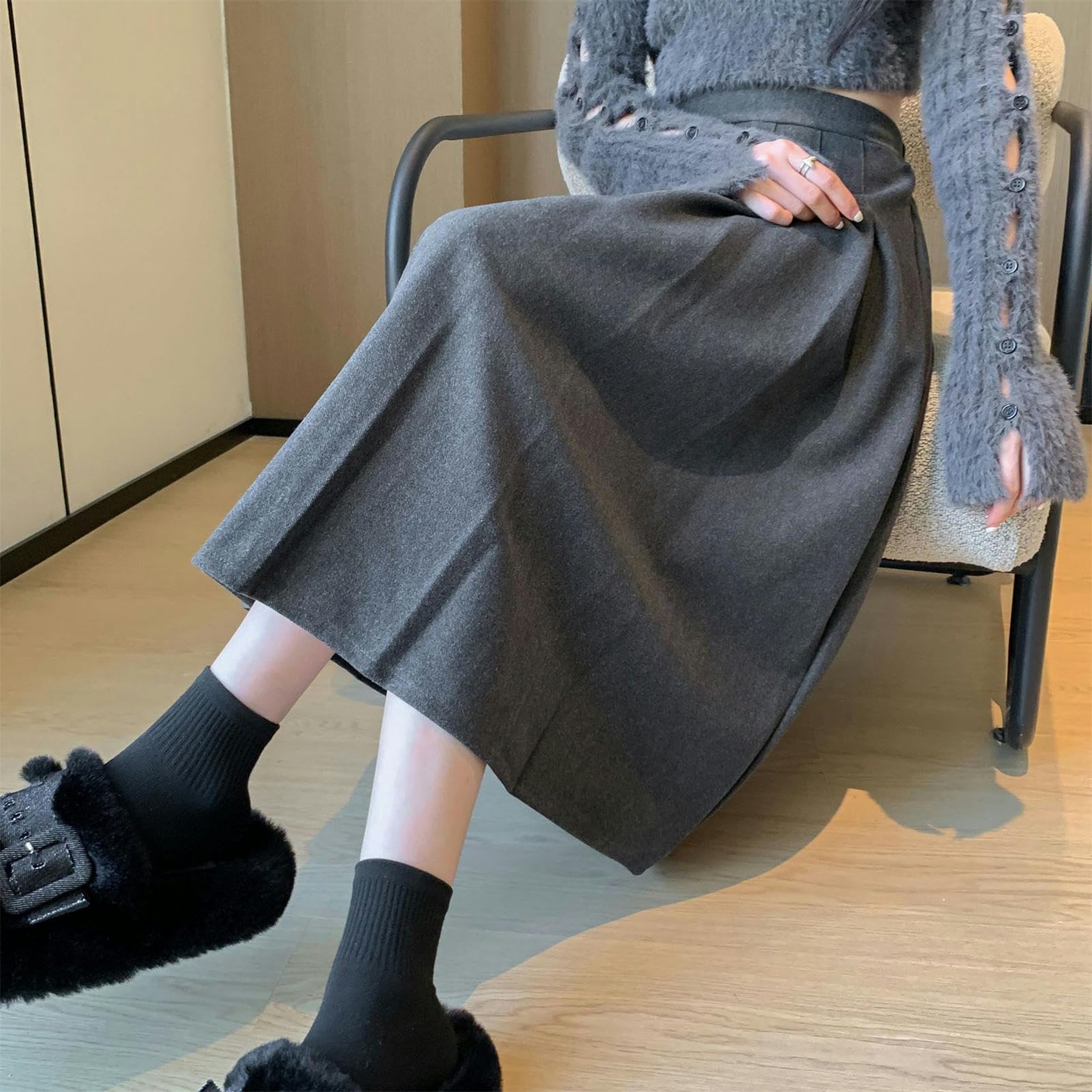 Strickrock Damen Damen Herbst Und Winter Verdickte Faltenrock Hohe Taille Slim Lose Große Größe Elastischer Mittellanger Rock-schwarz (verlängert)-s