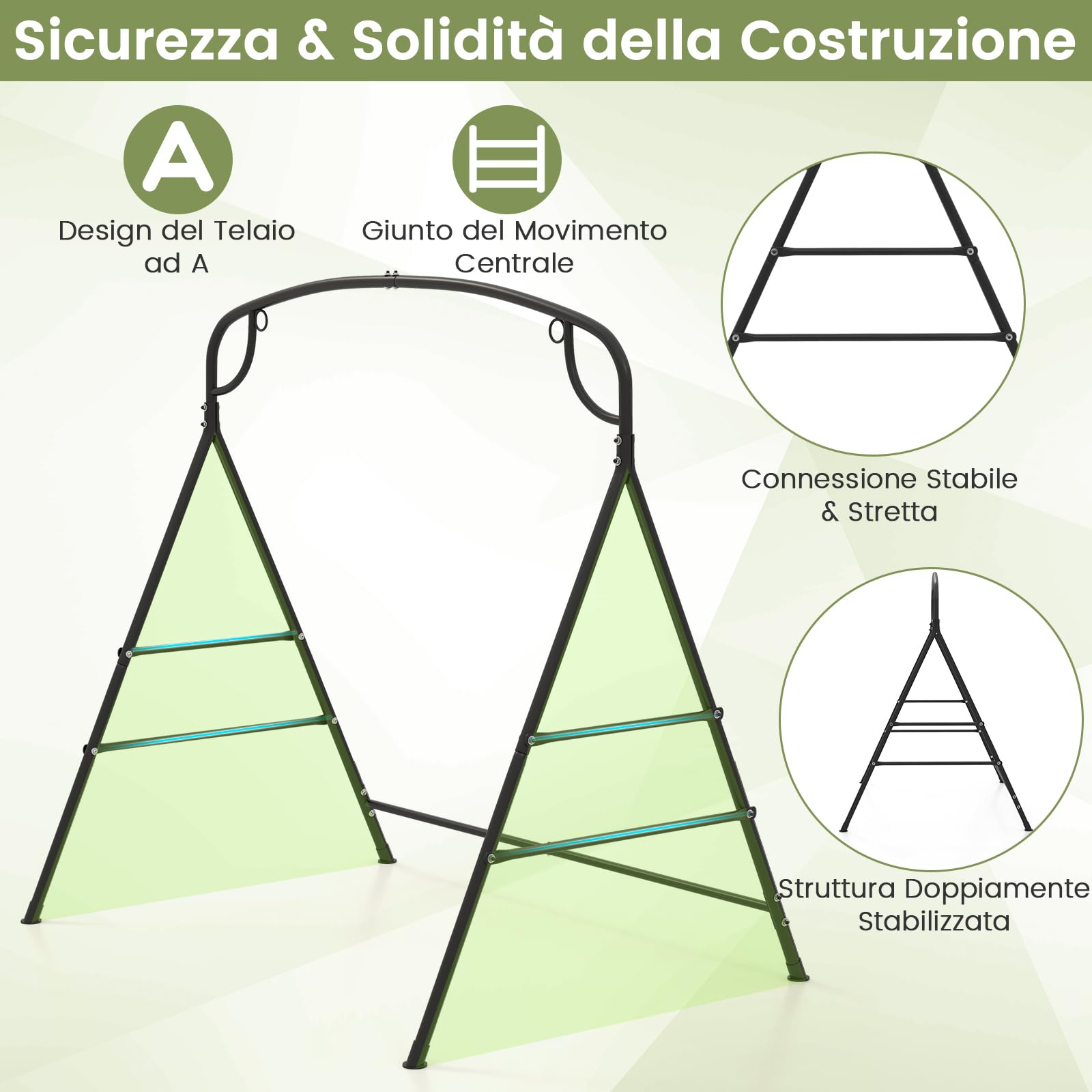 RELAX4LIFE Supporto Altalena/Panca Sospesa in Metallo con 2 Anelli di Sospensione, Portata di 300 kg, Forma a A per Interno ed Esterno,180 x 133 x 182 cm