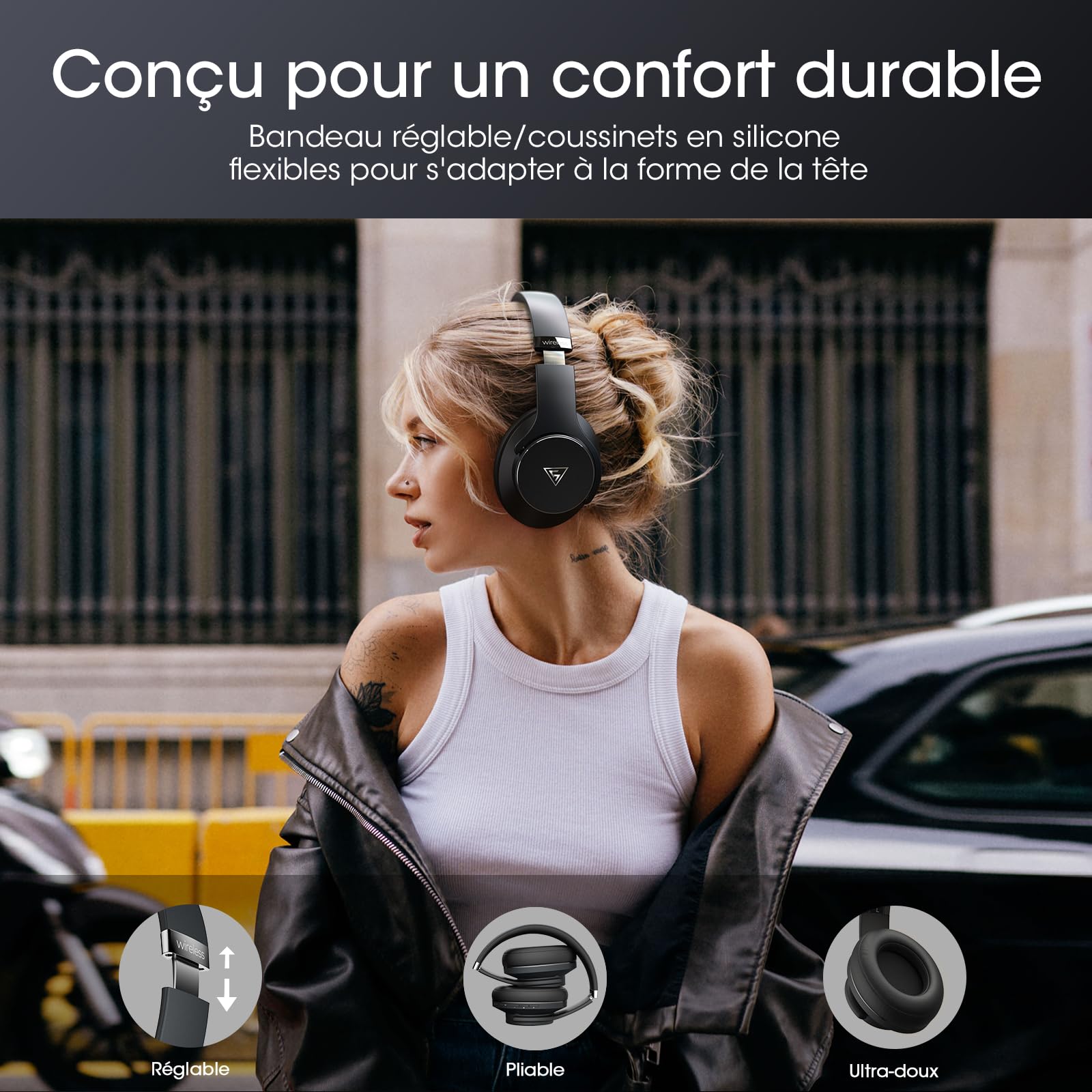 DOQAUS Casque Bluetooth sans Fil 90H avec Microphone /3EQ,Casque Audio Bluetooth,Wireless Headphones Pliable pour Ordinateurs/Téléphones Mobiles