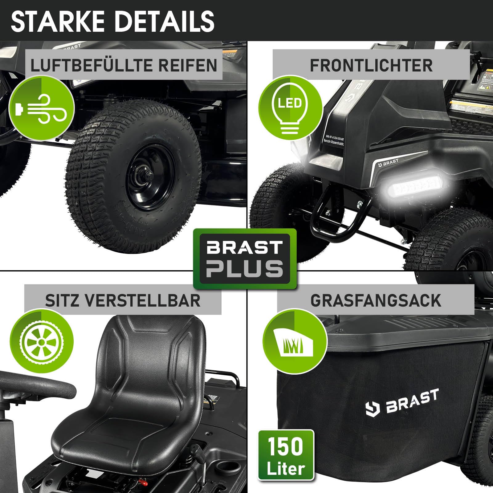 BRAST® Rasentraktor Benzin Aufsitzmäher | 5,15kW(7PS) | Elektrostart | XXL Schnittbreite 61cm | TÜV geprüft | Variable Geschwindigkeit | 150L Fangkorb | für mittlere bis große Rasenflächen