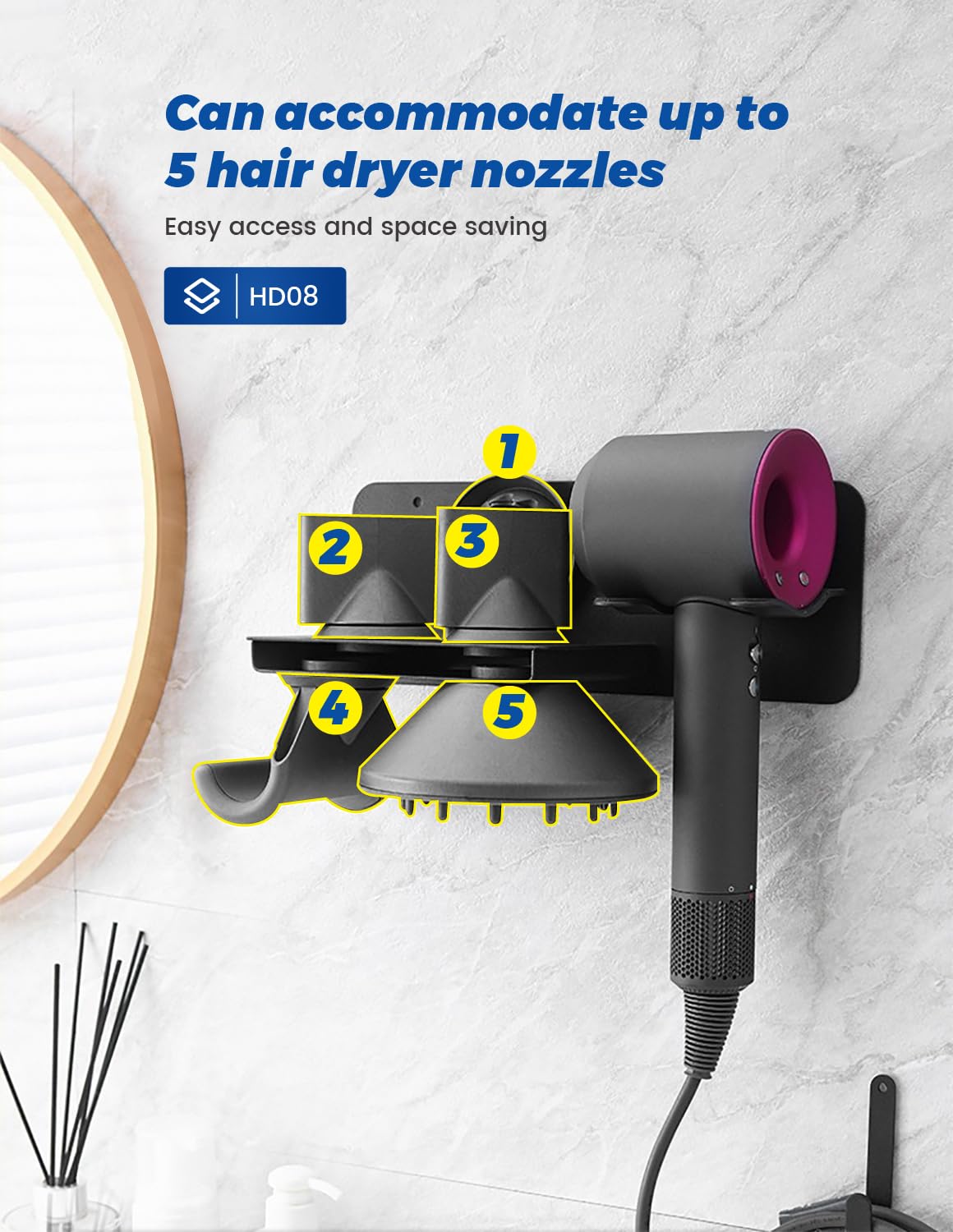 Porta Phone Bagno da Muro, Porta Phon da Muro, Porta Asciugacapelli da Parete Compatibile con Dyson Supersonic, Hair Dryer Holder Contenere Fino a 5 Bocchette per Asciugacapelli(Nero)