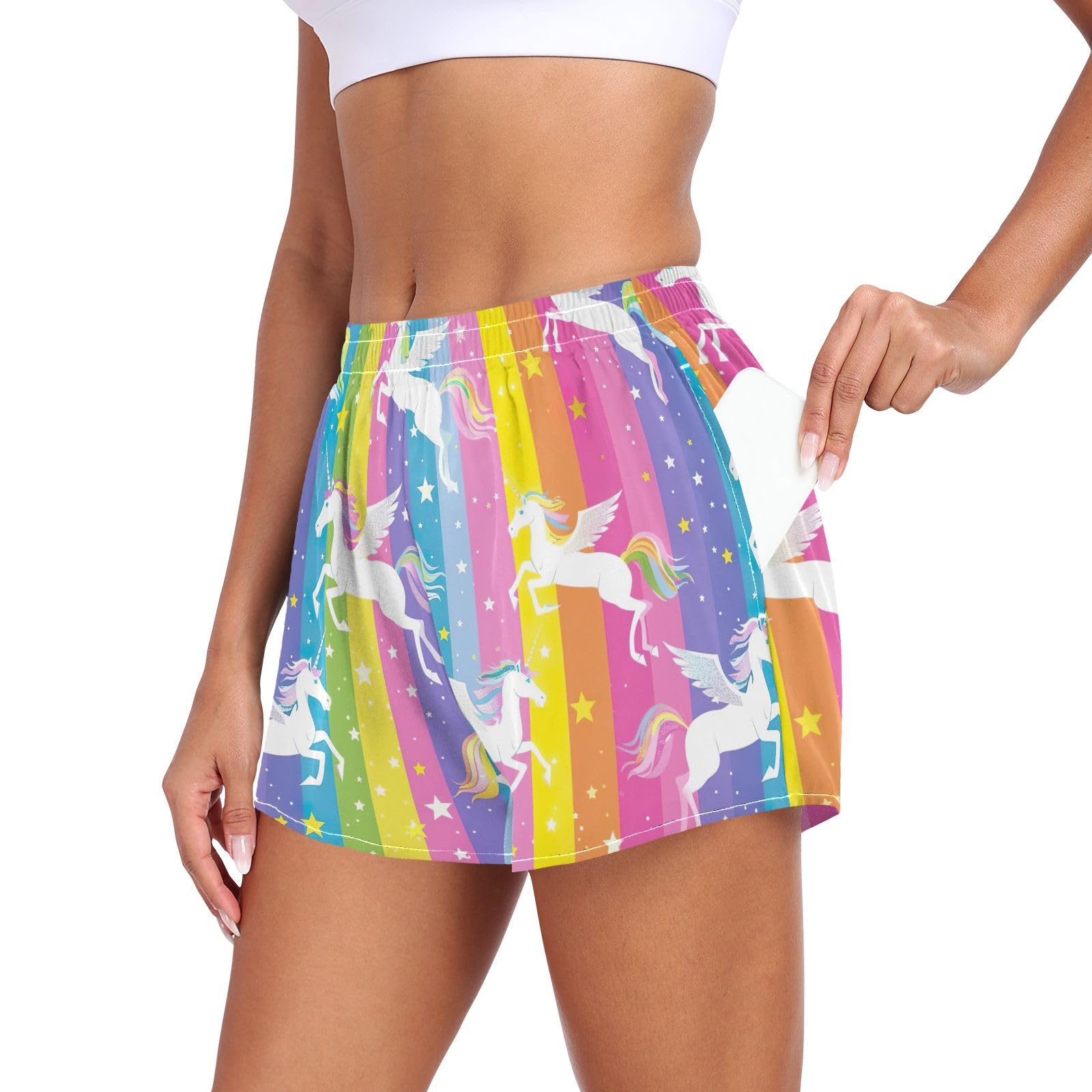 Women's Athletic Shorts Unicorn Rainbow Stripe Running Shorts Sporty Short Gym Elastic Workout Shorts 202b5407