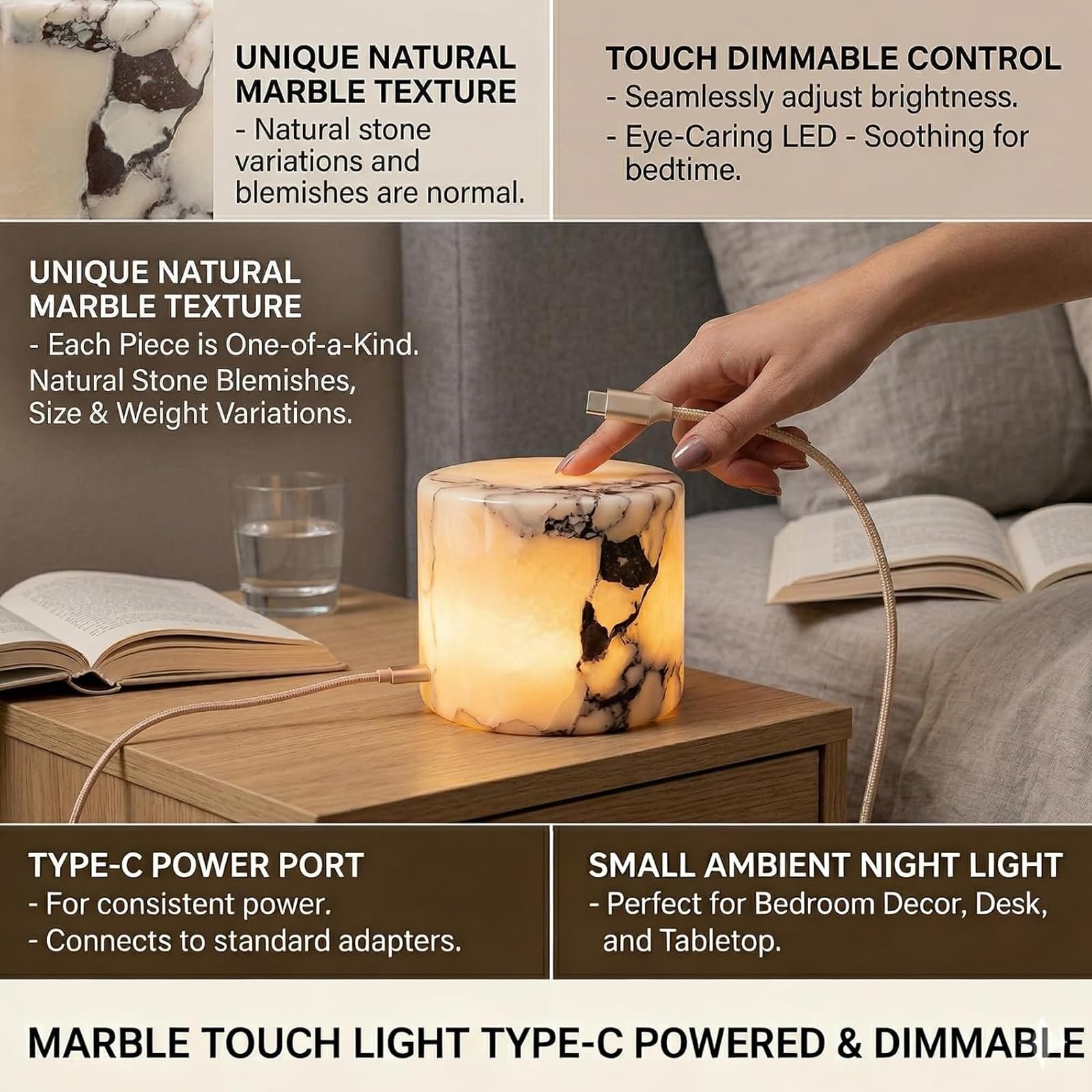 Lampka nocna z marmuru, lampka stołowa z dotykowym włącznikiem, ładowana przez USB Typ C, z naturalnego kamienia, 4-stopniowa regulacja jasności ciepłego światła, do sypialni, salonu, bi C Monochrome