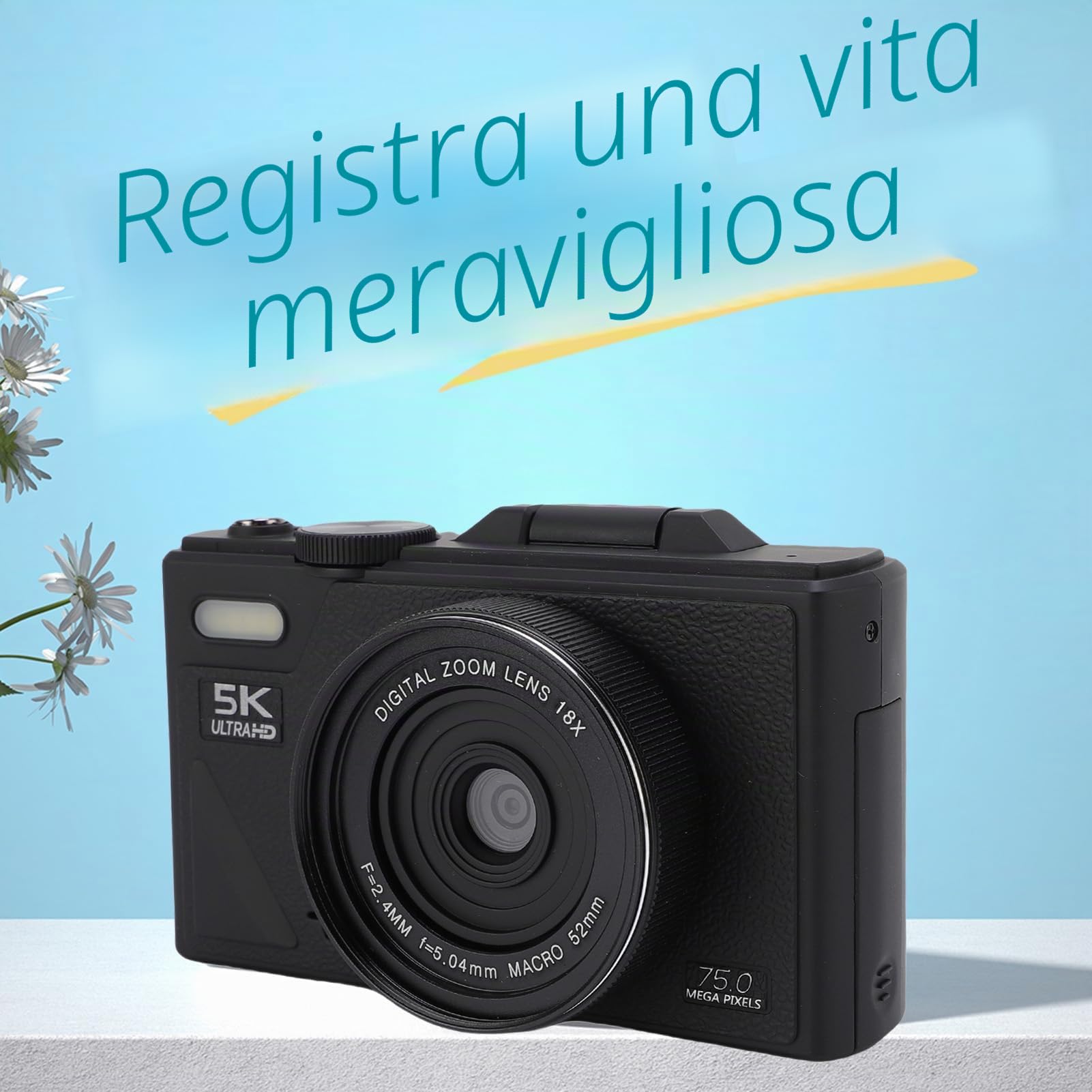 Fotocamera digitale 5K per Fotografia, 75MP Vlogging Camera con WIFI, Schermo Ribaltabile da 3 a 180°, Zoom 18X, Autofocus, Anti Shake, Fotocamera da Viaggio per Principianti