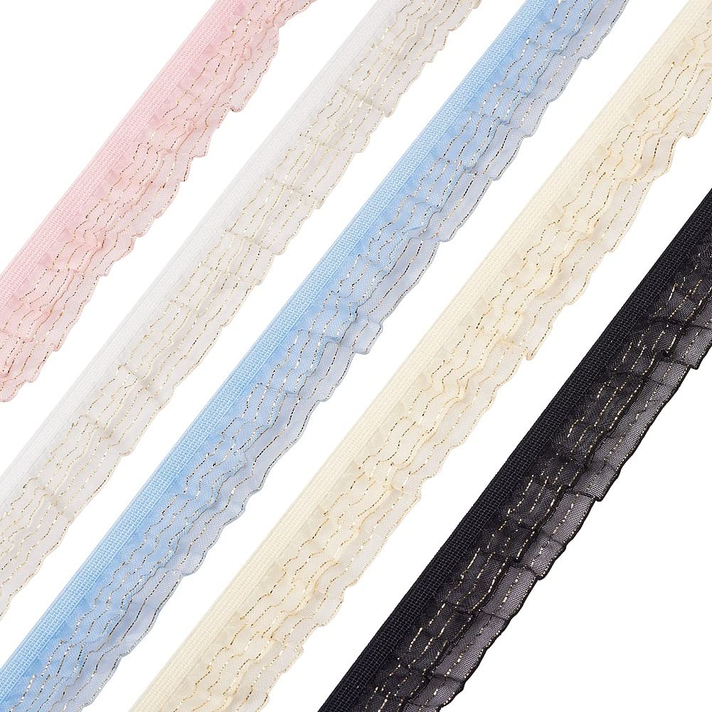 PandaHall 25 Yards Pleated Chiffon Lace Ribbon 2 Layer Gathered Lace Edge Trimmings for Sewing Craft Wedding Bridal Dress Decoration