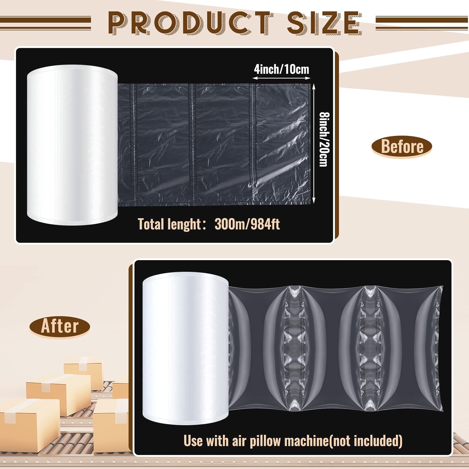 Marsui Air Pillow Cushion Film Roll, 3000 Count Inflatable Wrap Packaging Materials Air Bags Bubble Box Void Filler, Compatible with Various Air Cushion Machines, 984ft x 4" x 8"