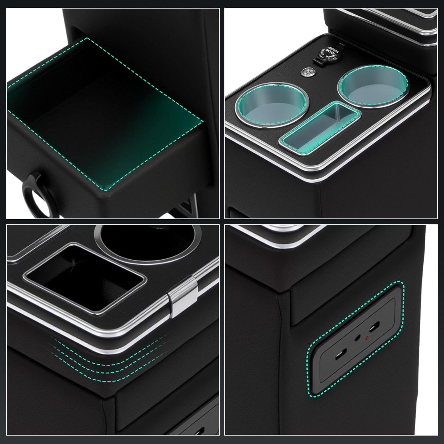 Center Console Between Seat Organizer for Minivans,SUVs,with Dual USB charging at the front and back,ambient lighting and drawers for Minivan&SUVs, Middle Van Floor Console Organizer Storage Box Black