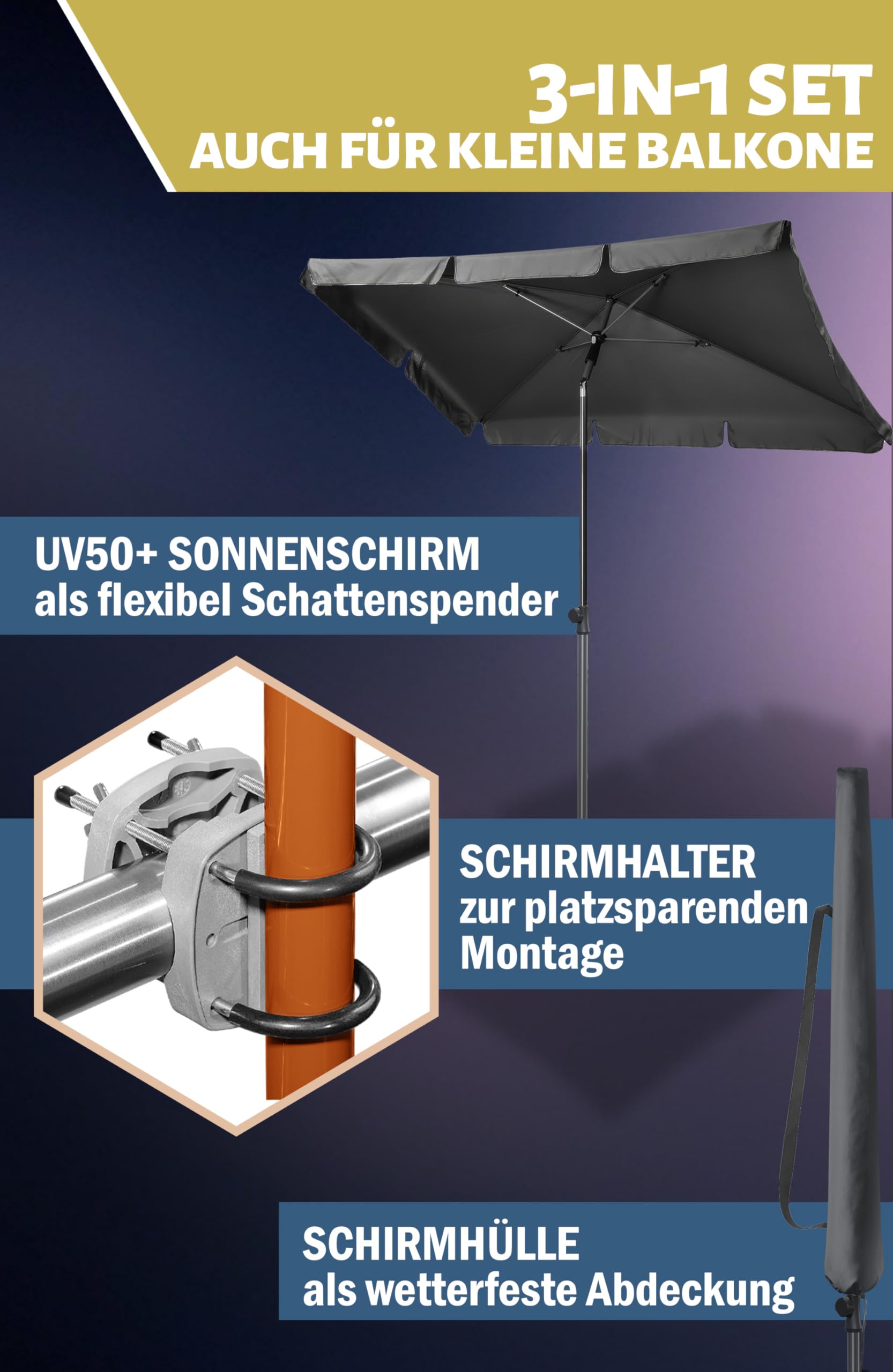 Menz 3-in-1 Balkon-Sonnenschirm Set – 180 Cm, UPF 50+, Höhenverstellbar Mit Halter & Hülle, Blau