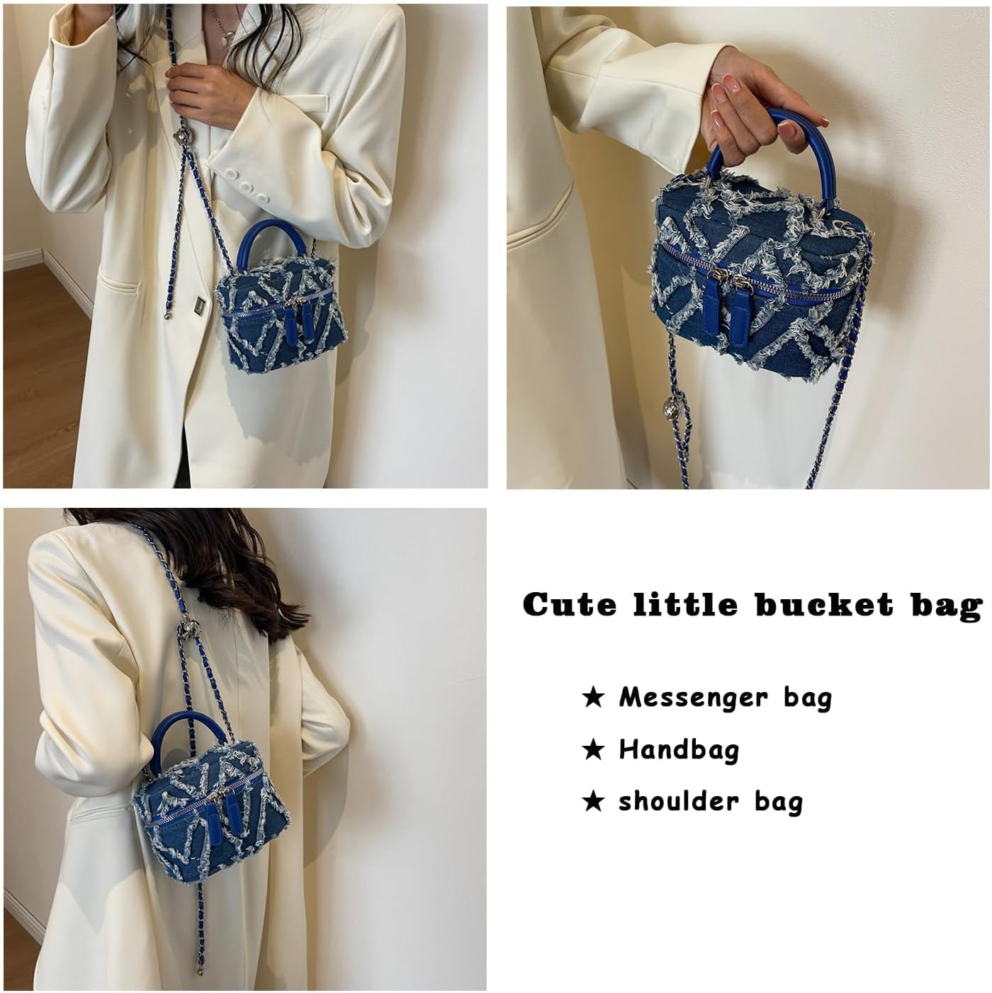 Mini Denim Bag Women Bucket Bag Quilted Crossbody Denim Shoulder Bag Tote Wallet with Chain Strap