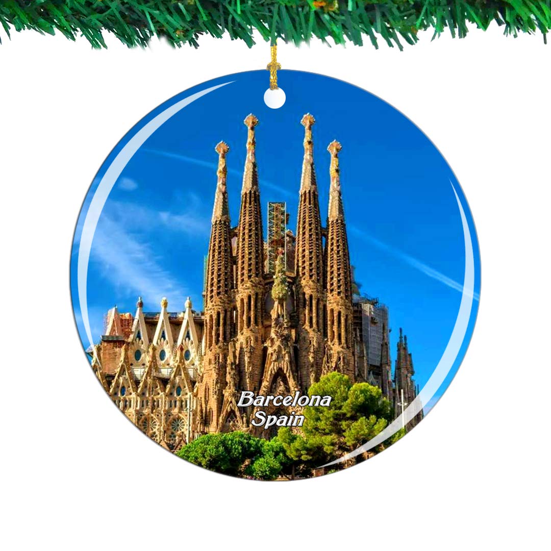 Weekino Spain Basilica of the Sagrada Familia Barcelona Christmas Ornament City Travel Souvenir Collection Double Sided Porcelain 2.85 Inch Hanging Tree Decoration