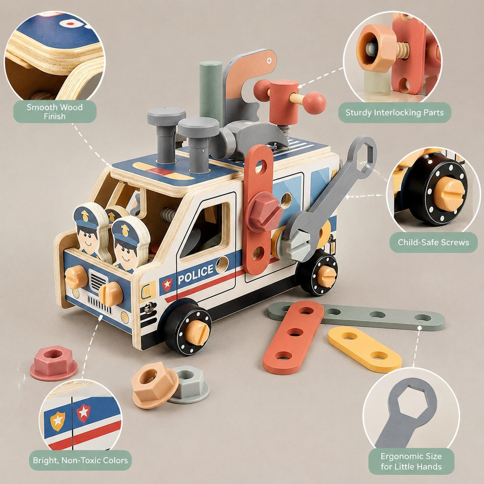 Werkzeugset für Kinder, Konstruktionsspielzeug, Geschenkset, Rollenspiel LKW, Lernwerkzeugset Aus Holz für Kinder, Polizeiwagen