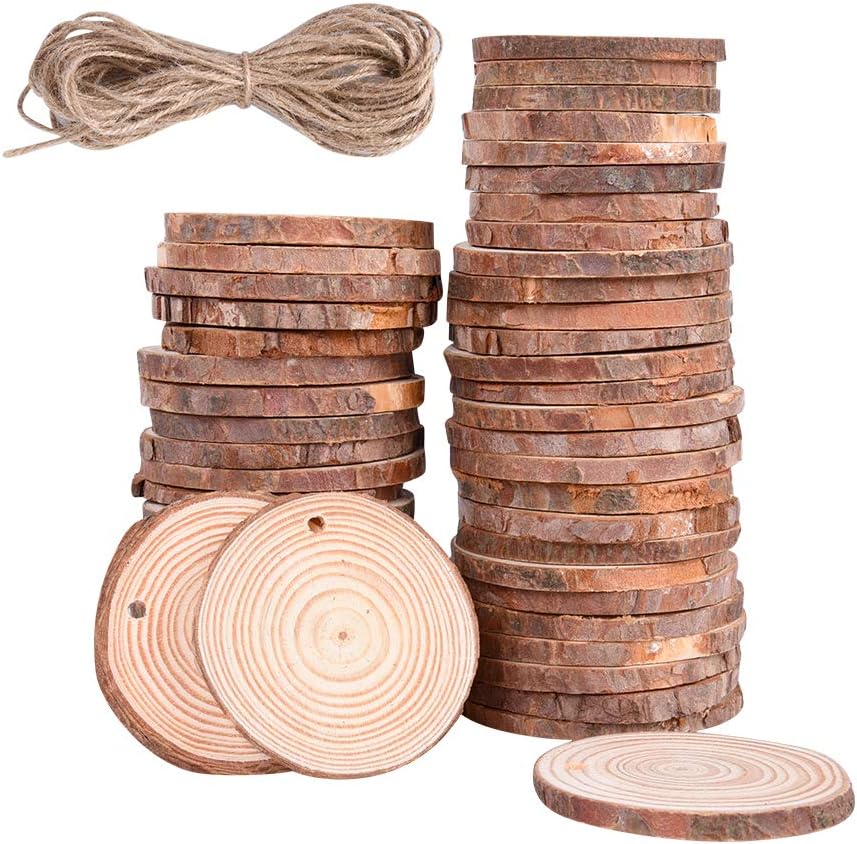 OYOZ Natural Wood Slices Unfinished Predrilled Wood with Hole 50 Pcs 2"-2.5" for Christmas Ornaments DIY Crafts Rustic Wedding Ornaments