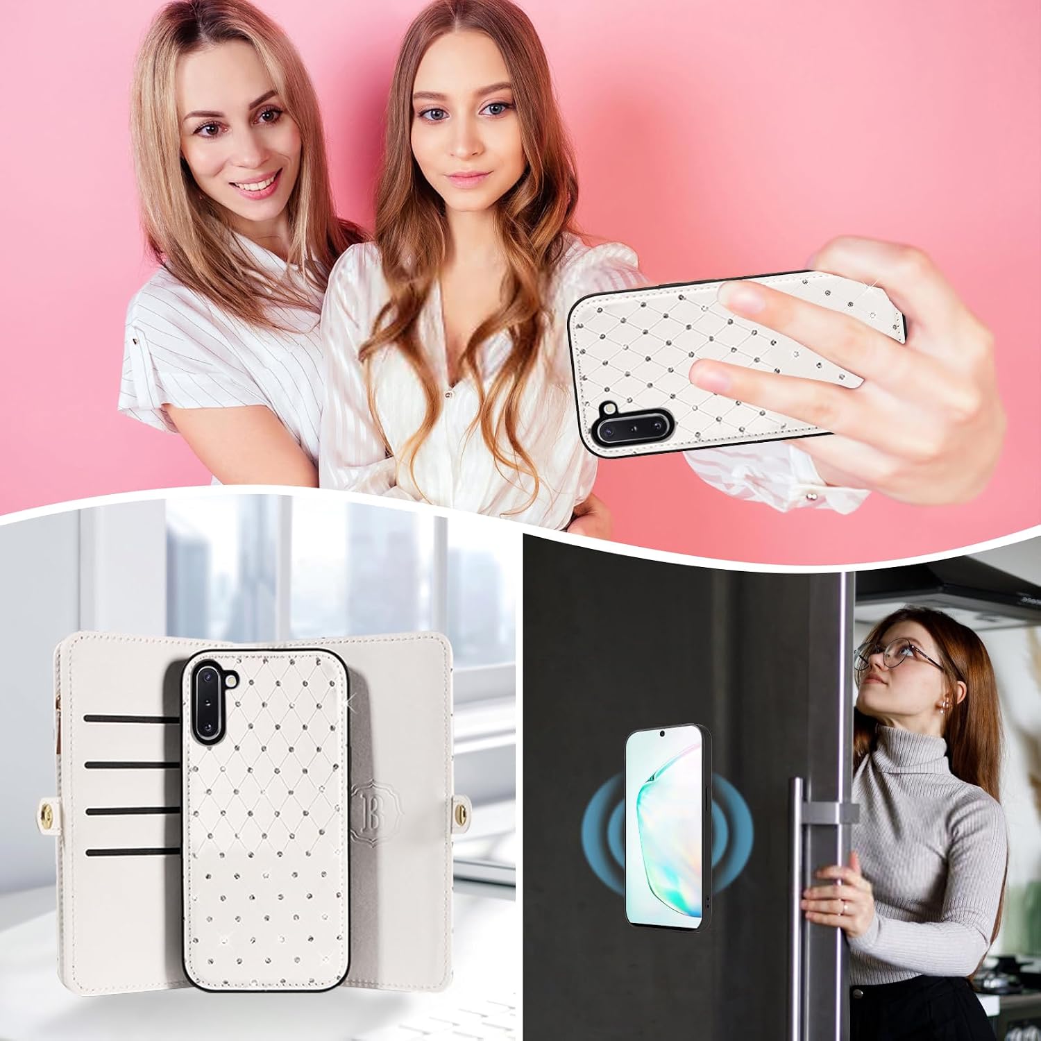Asuwish Phone Case for Samsung Galaxy Note 10 5G Zipper Wallet Detachable Cell Cover with Tempered Glass Screen Protector Strap Glitter Flip Card Holder Slot Note10 Notes 10s Ten Not S10 Women White