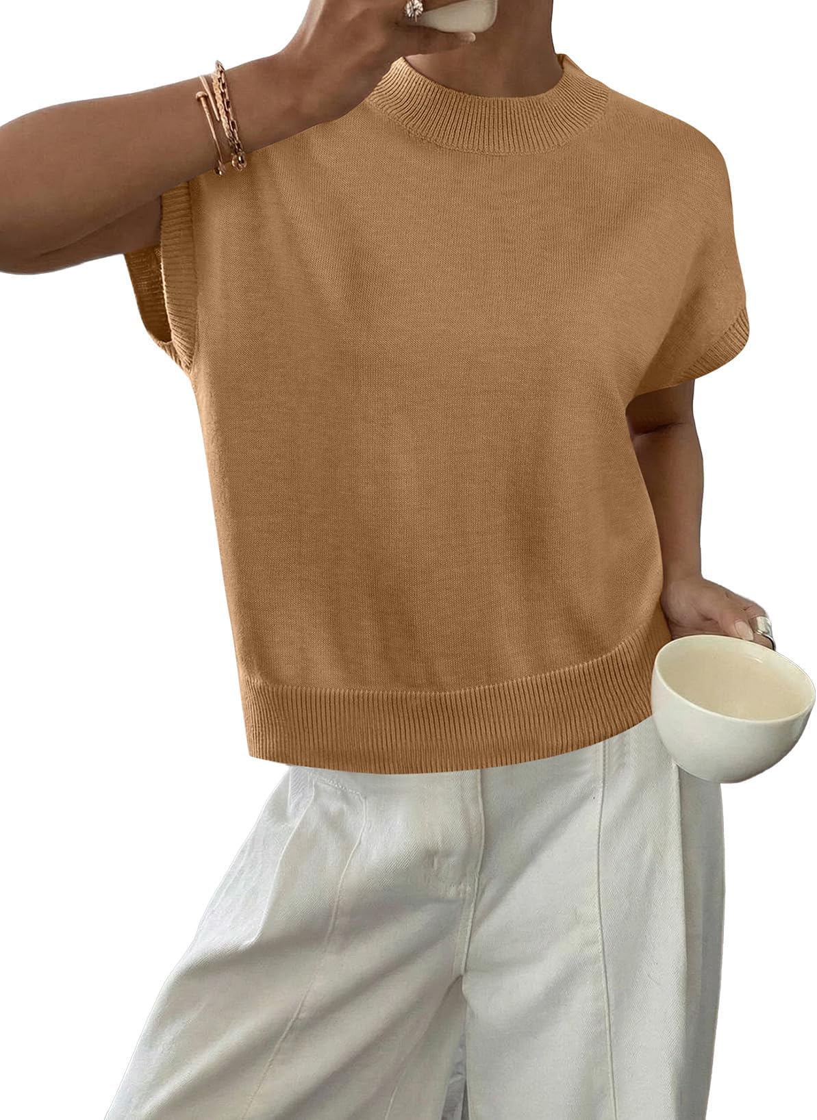 Womens Cap Sleeve Sweaters Summer Casual Short Sleeve Knit Tank Tops Loose Fit Crew Neck Pullover