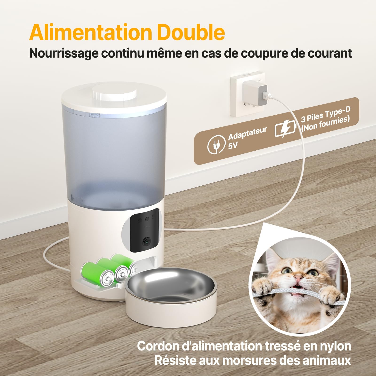 Distributeur Croquettes Chat Automatique, WiFi Caméra, Bol Inoxydable, Programmable & Portionnée, Batterie de Secour - PF5 Noir - Deux Gamelles 2K DIY Zone d’Alerte