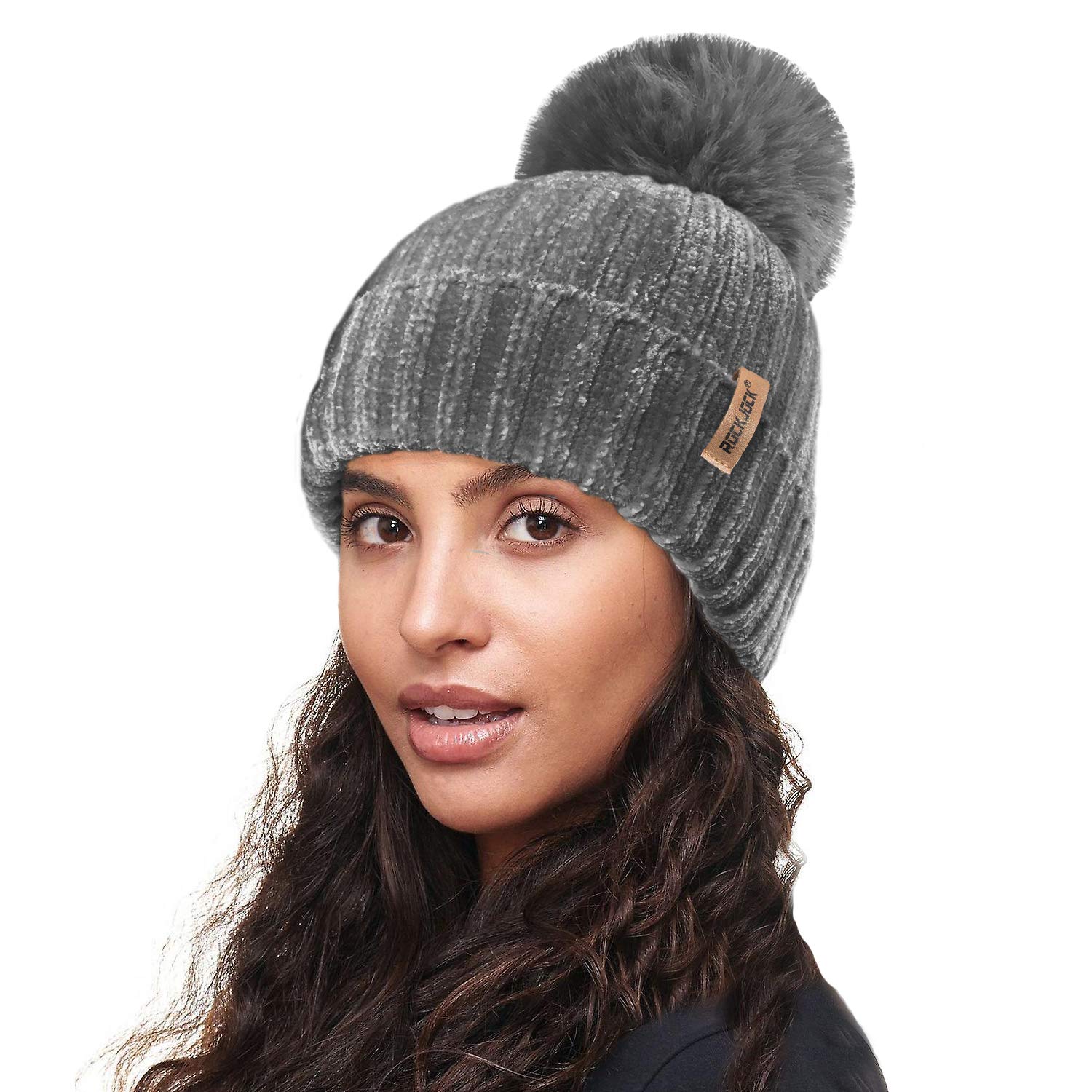 Rockjock Women's Gray R80 Ultra Soft Velvet Chenille Rib Hat With Insulating Warm Teddy Fleece Liner Detachable Faux Fur Pompom-Grey