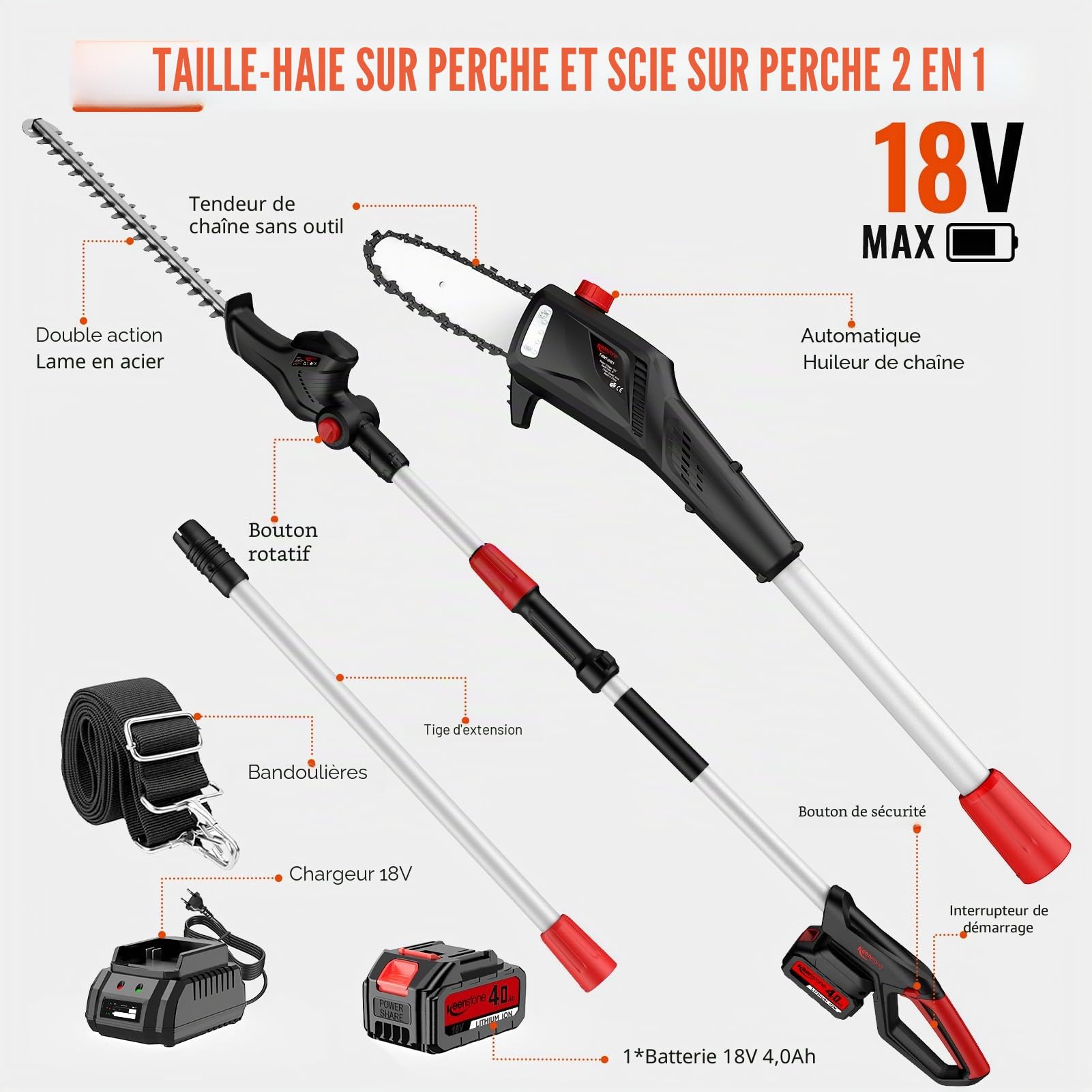 Keenstone 2-en-1 Élagueuse sur Perche et Taille-haie Électrique sans Fil, Tronçonneuse de 20cm, Batterie 4,0Ah, Double Lame de 42cm, Portée Max de 2,8m pour Jardins, Arbres et Arbustes