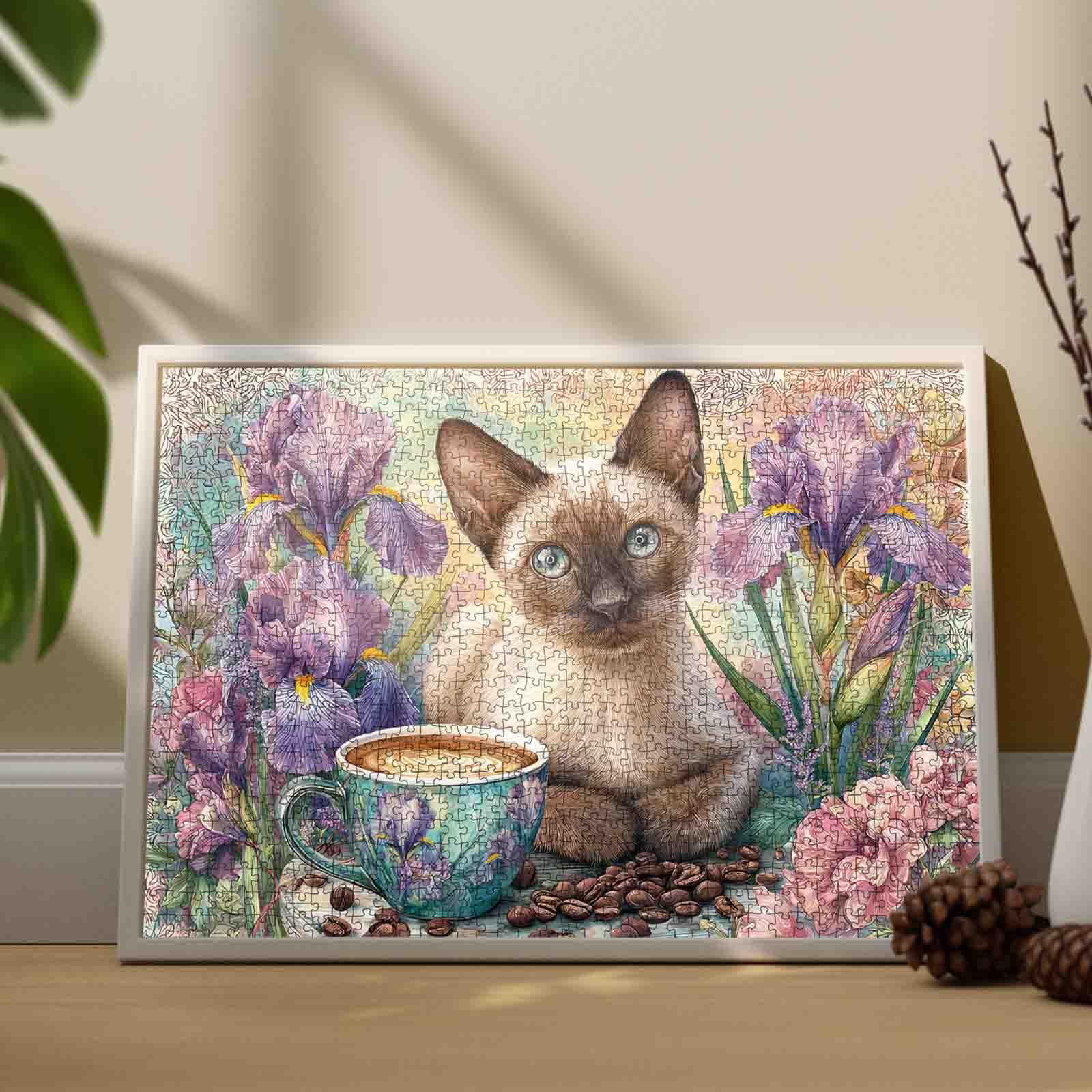 Cat Coffee Challenging Jigsaw Puzzle for Adults 1000 Piece Iris L. Floral Siamese Kitten with Blue Eyes in Garden Scene Relaxing Puzzles for Women Men Family Game Night Puzzle Gift for Cat Lovers - Image 4