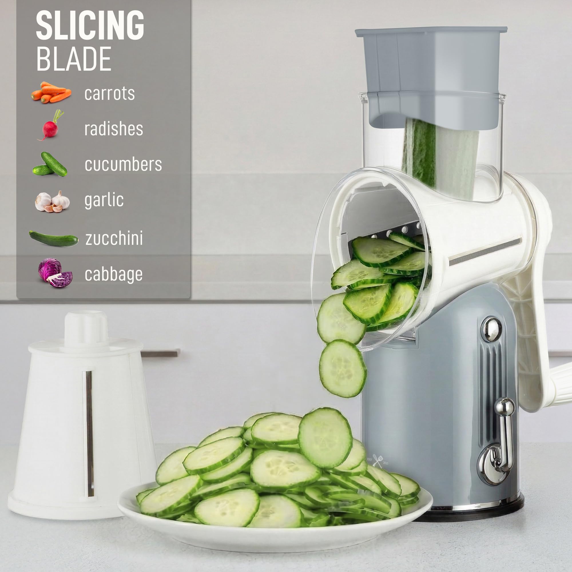 Zulay Kitchen - Râpe à fromage rotative à 5 lames - Râpe à fromage manuelle avec manivelle et aspiration renforcée & 5 tambours interchangeables - Facile à utiliser, hachoir à légumes, mandoline ronde