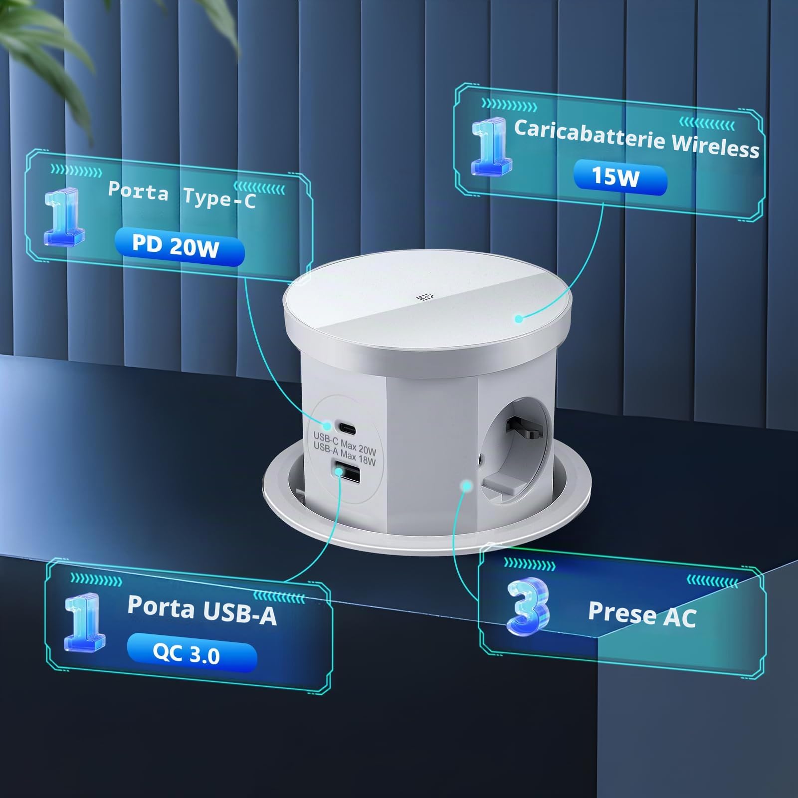 Presa a scomparsa a 3 prese con 1 USB C, 1 USB-A, piano di lavoro da cucina, presa da tavolo a scomparsa con caricatore senza fili, cavo da 1,5 m, per ufficio, cucina, presa da incasso (bianco)