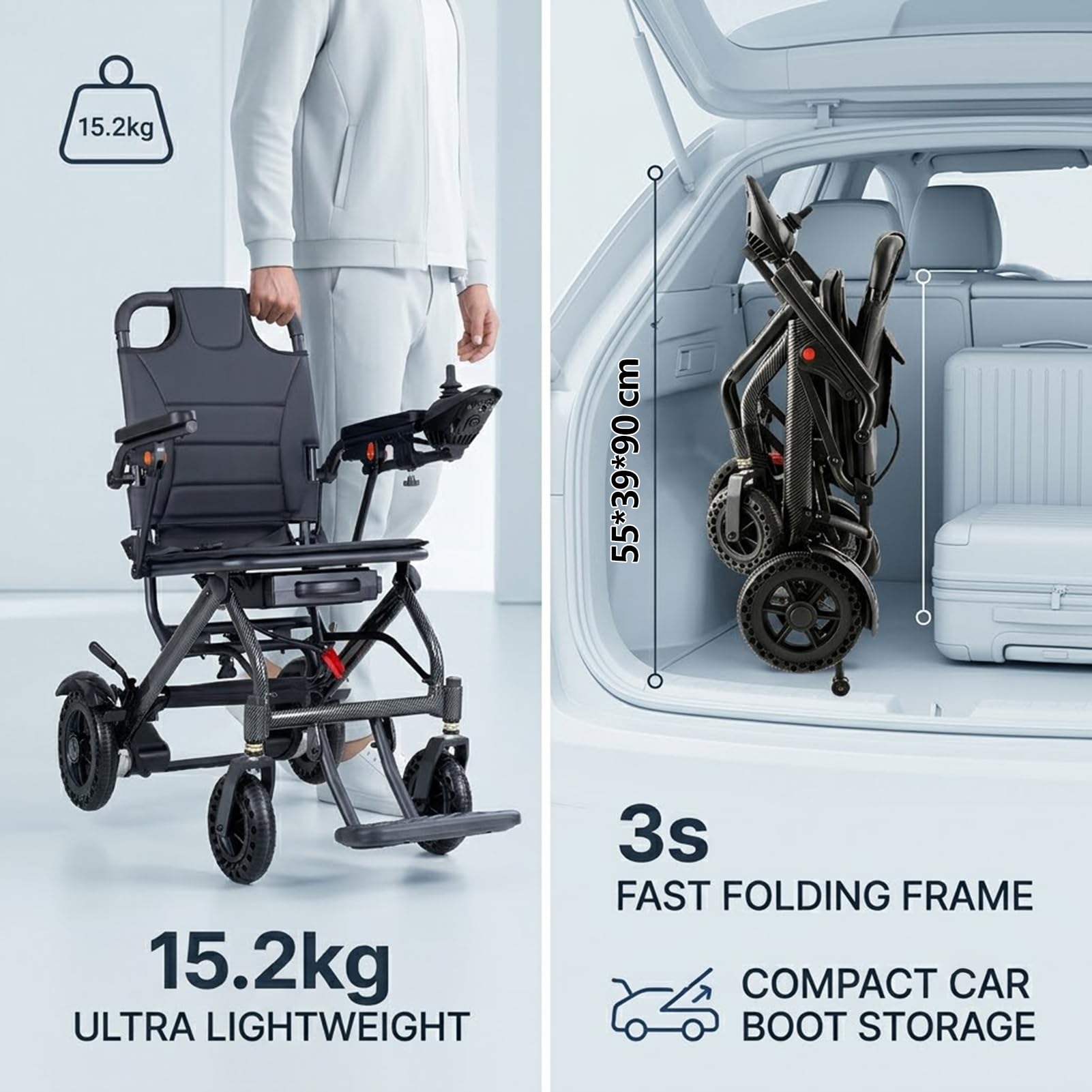 Carrozzina Elettrica Pieghevole Leggera 360W Doppio Motore