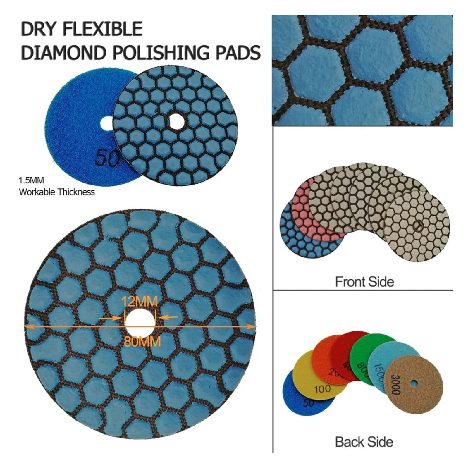 7 unids/set 80mm almohadilla de pulido en seco Flexible de diamante 1 pieza respaldo a base de aluminio granito mármol cerámica 3 "disco de lijado(7 pads and 1 backer)
