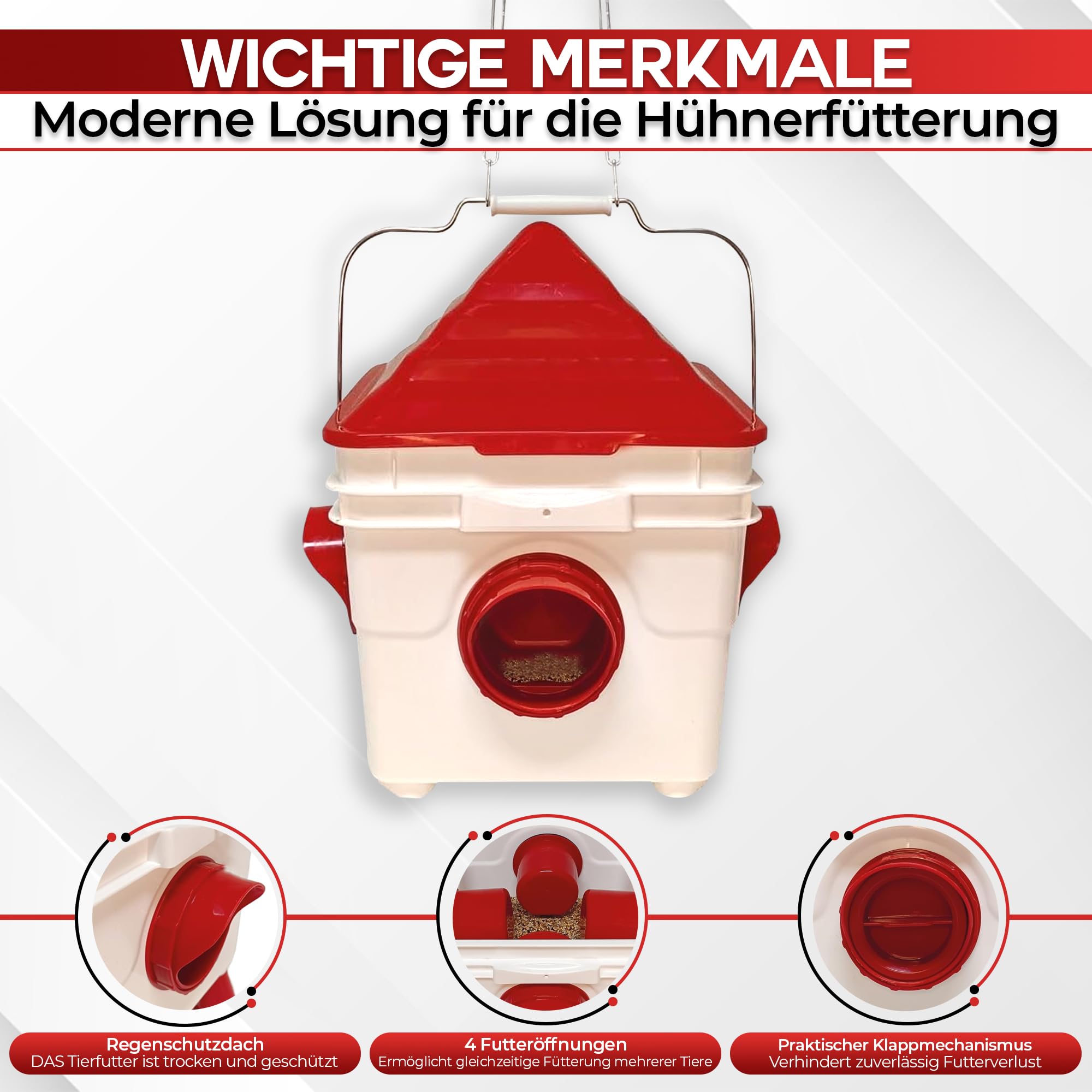 Breker Hühner Tränkeeimer 8 L + Futterautomat 6 KG [mit ABNEHMBAREN STANDBEINEN] Futterspender & Hühnertränke für Hühner, Enten und Gänse - inkl. 1M Metallkette - Automatiktränke - mit 4 Öffnungen