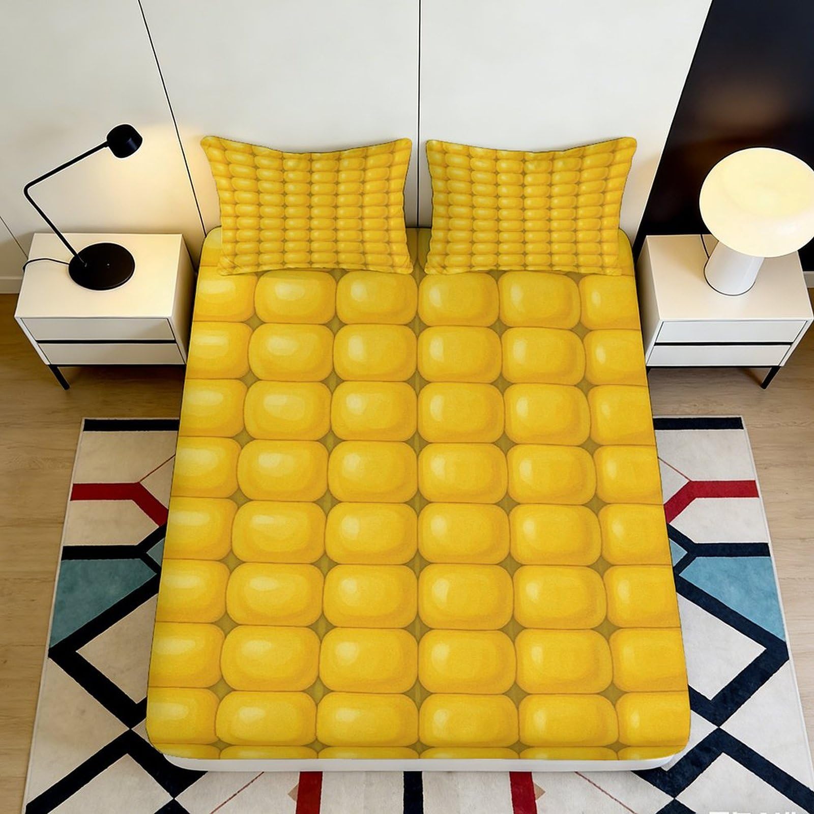 3D Printed Yellow Grid Fitted Sheet Microfiber Soft Mattress Cover Bedroom Guest Room Dustproof Easy Care 90x200x25cm