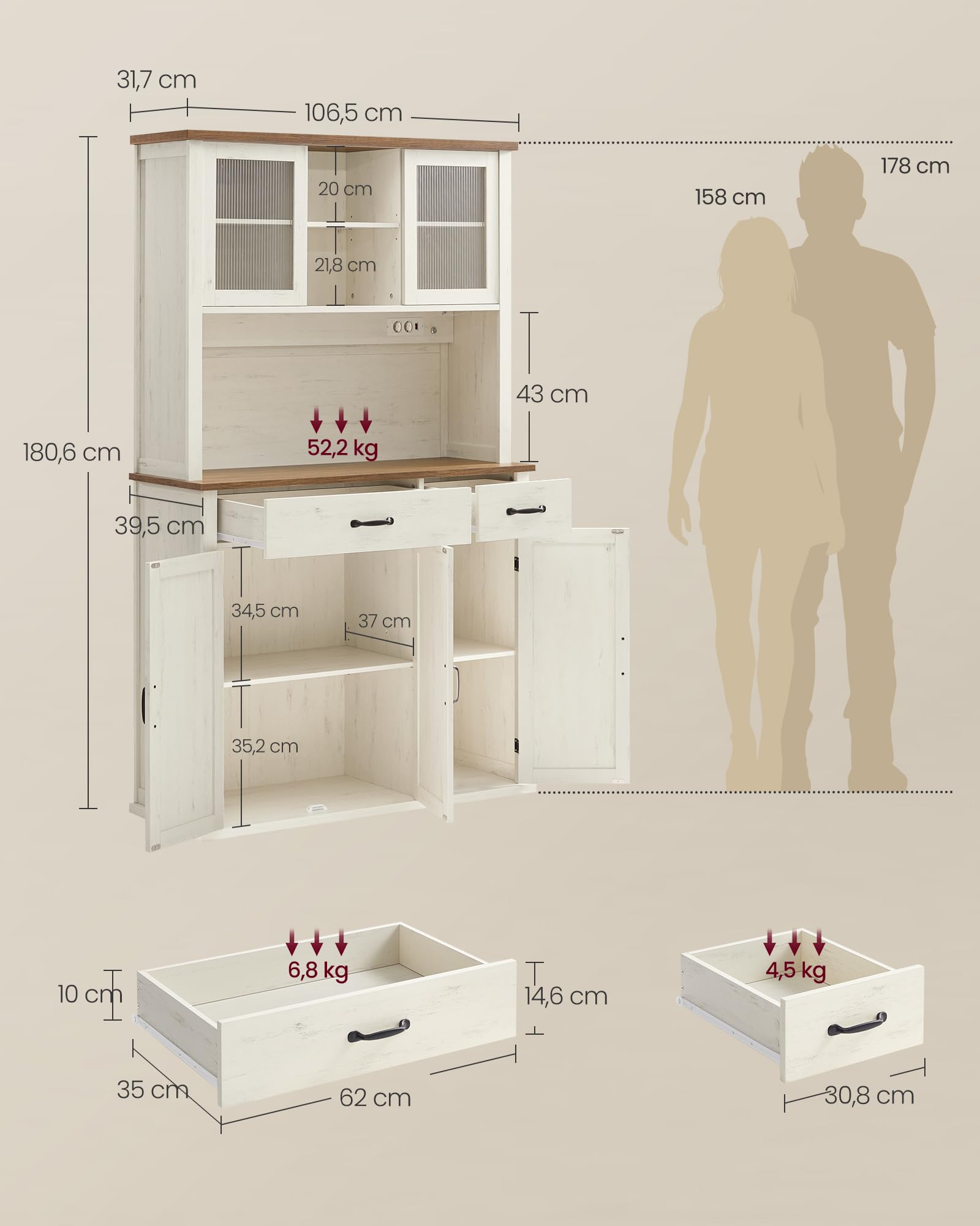 VASAGLE Credenza Cucina con Luce e Multipresa, Mobile Dispensa Cucina con Ante e Cassetto, 39,5 x 106,5 x 180,6 cm, con Ripiani Regolabili, Stile Farmhouse, Bianco Vintage e Marrone Miele BBK391W02