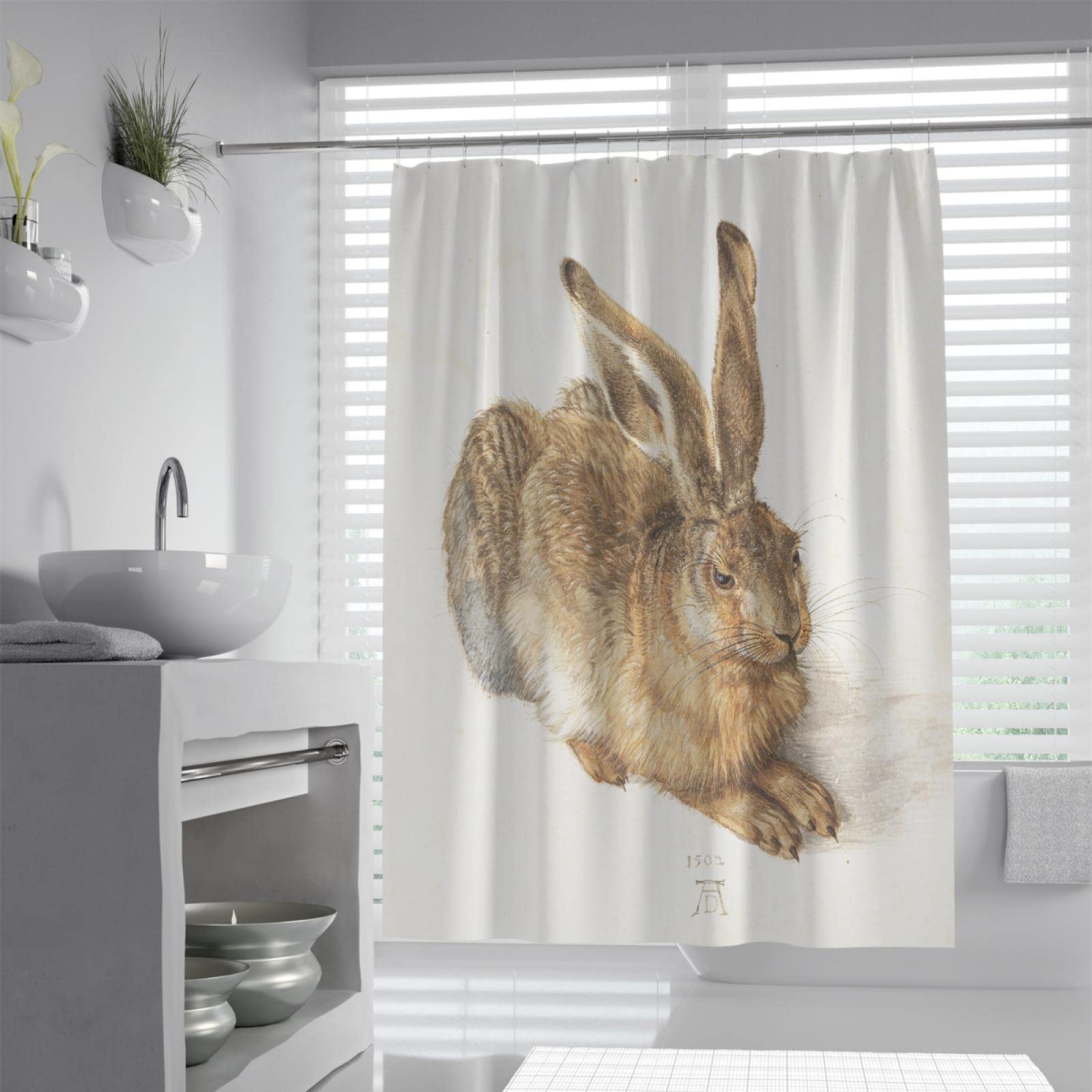 Via Vela Animal Shower Curtain Brown Young Hare Painting by Albrecht Dürer Bathroom Decor Shower Curtains Set with Hooks White Background 120x180 cm