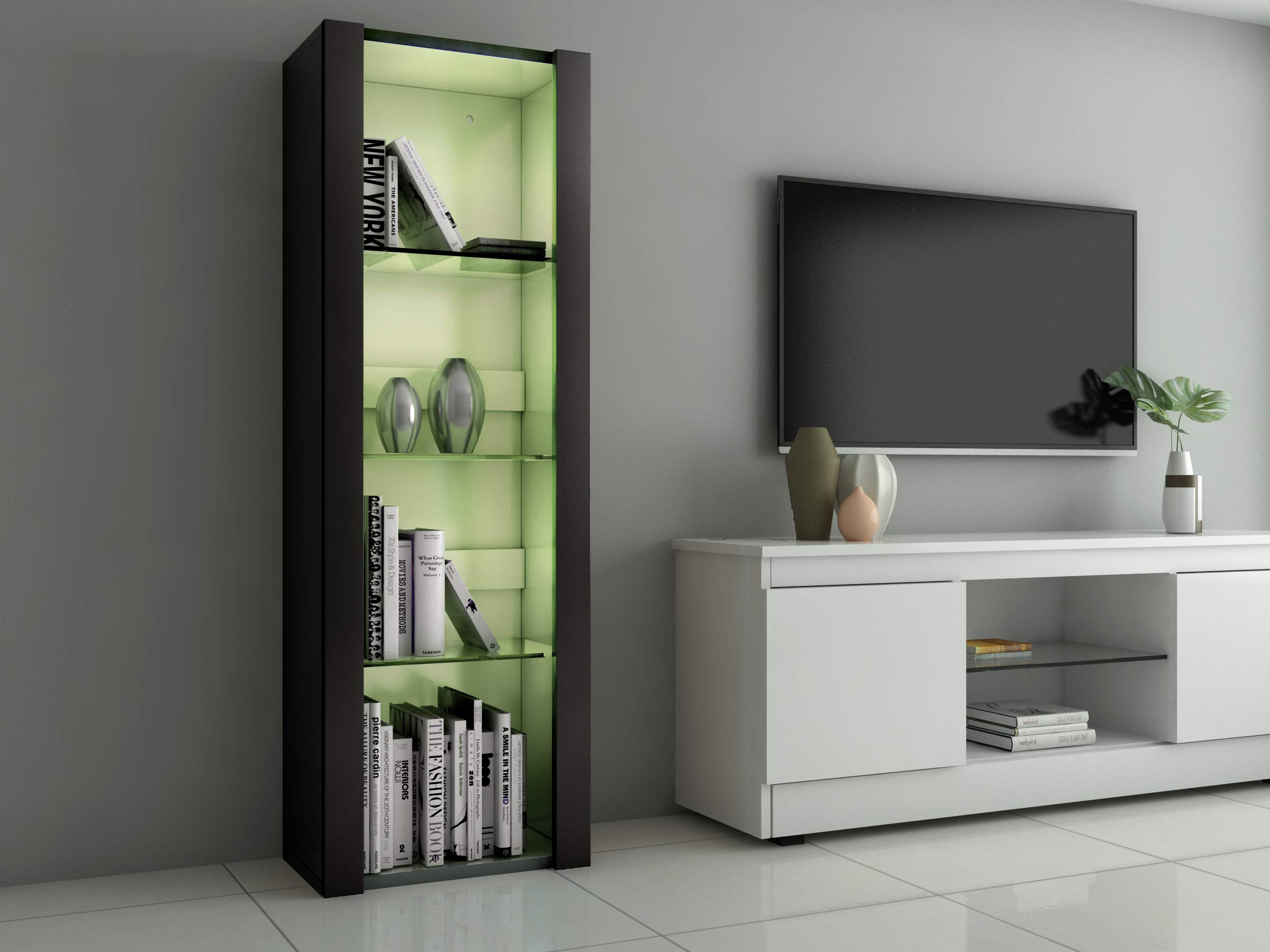 Panana Vitrine Lumières LED Meuble de Rangement avec Etagères sur Salon, Bureau, 55 x 35 x 166 cm (Noir)