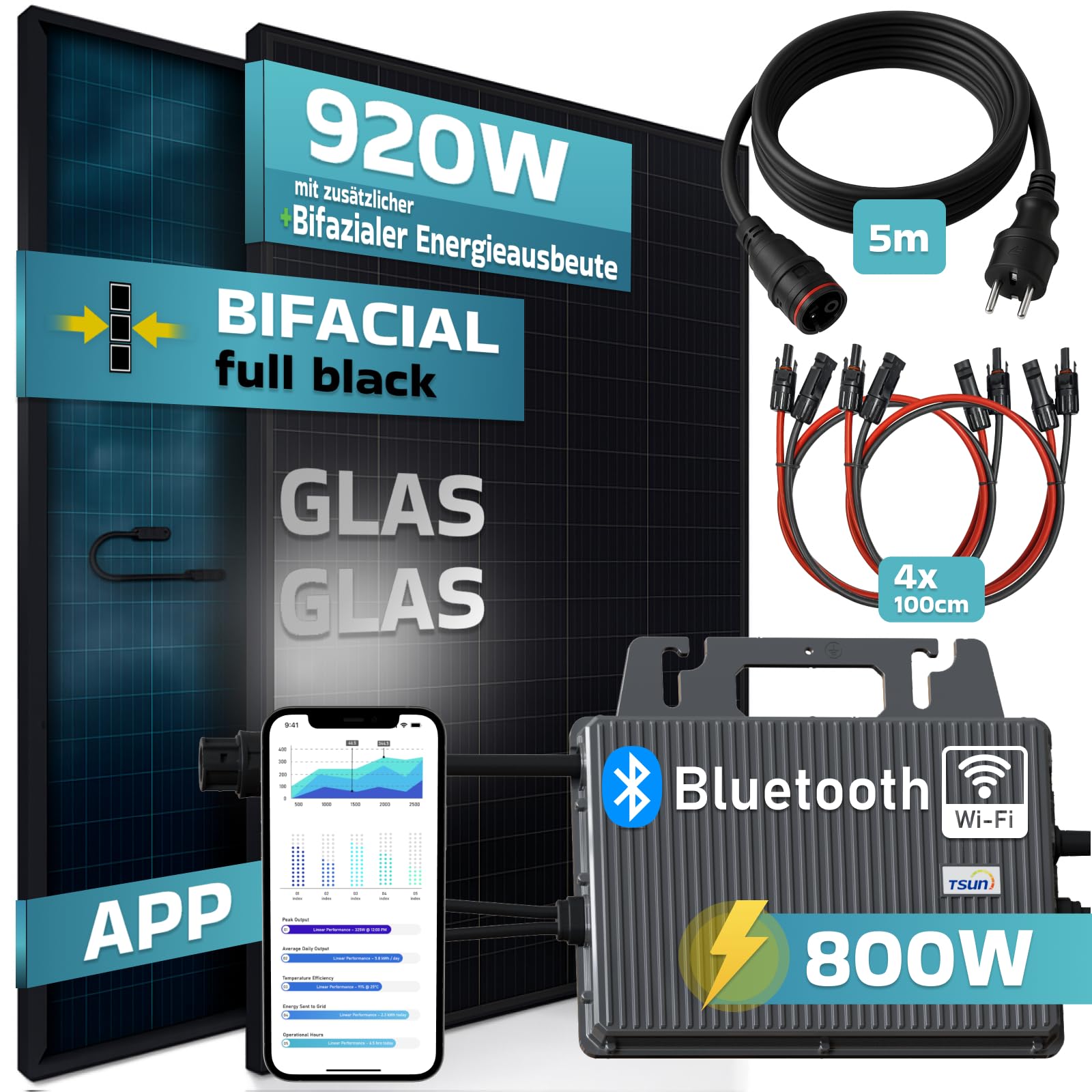 SUNNIVA® 920W Balkonkraftwerk BIFAZIAL FULLBLACK komplett Steckdose TSUN 800W Wechselrichter, PV Solaranlage, 2x 460W Glas-Glas Solarmodule, inkl. 5m Kabel, Bluetooth WIFI, Komplettset